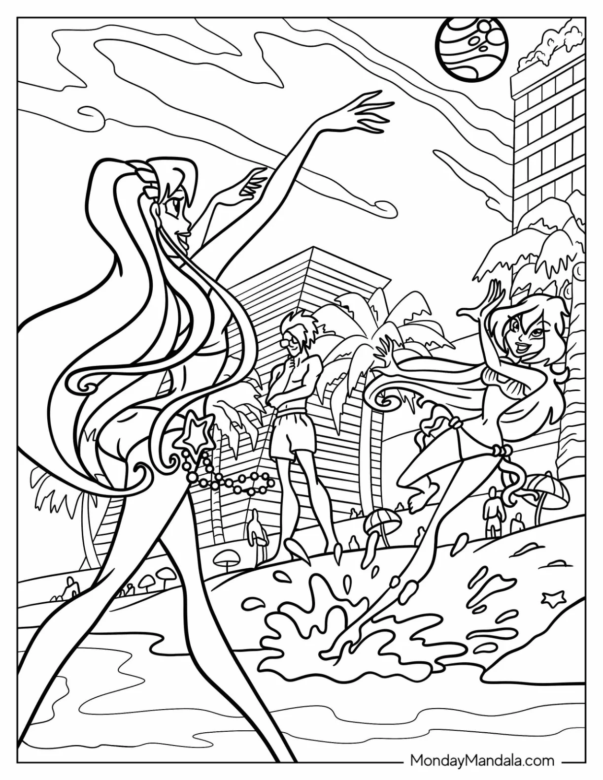 Winx Coloring Page Stella And Bloom Playing Beach Volleyball coloring page