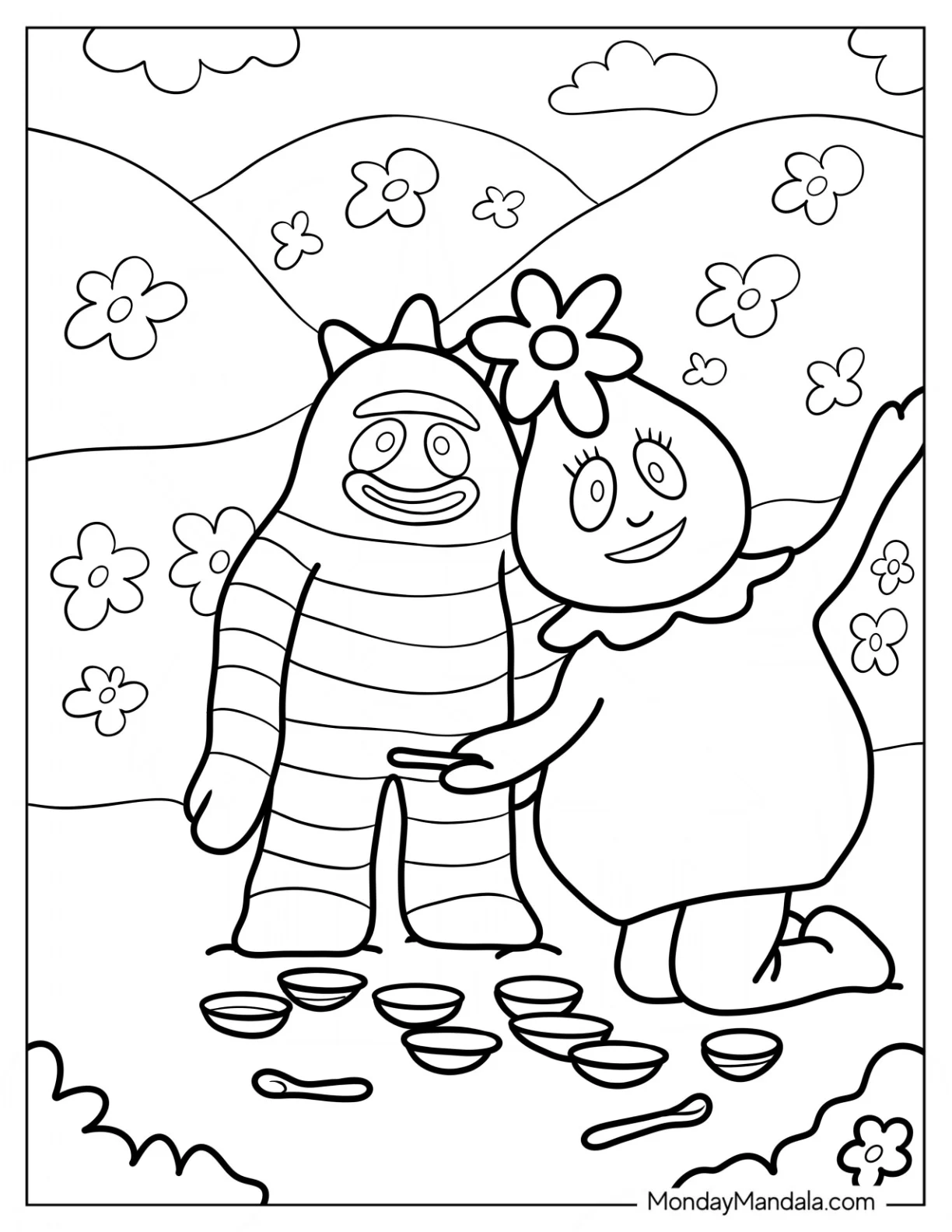 Yo Gabba Gabba Coloring Page Easy Brobee And Foofa In Flower Field For Kids coloring page