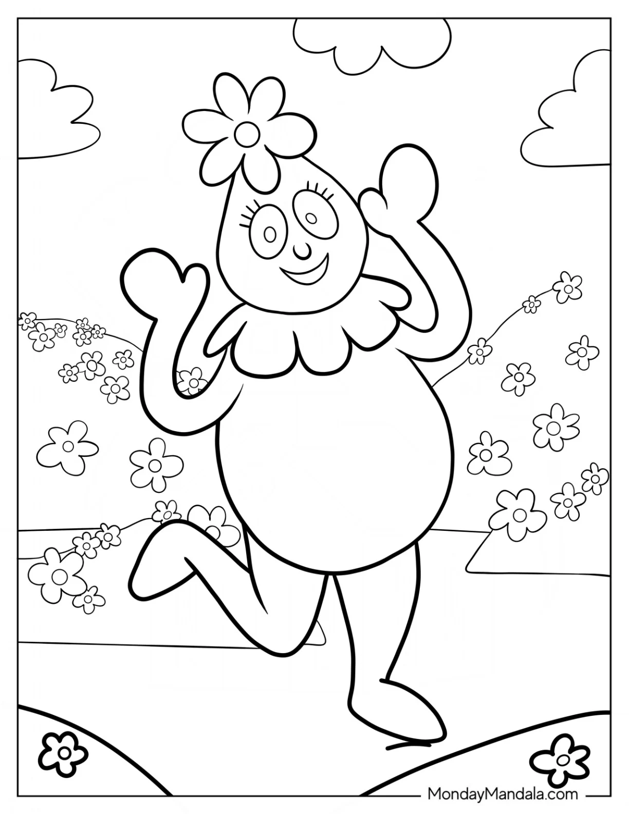Yo Gabba Gabba Coloring Page Foofa Skipping In Flower Field coloring page — printable line art
