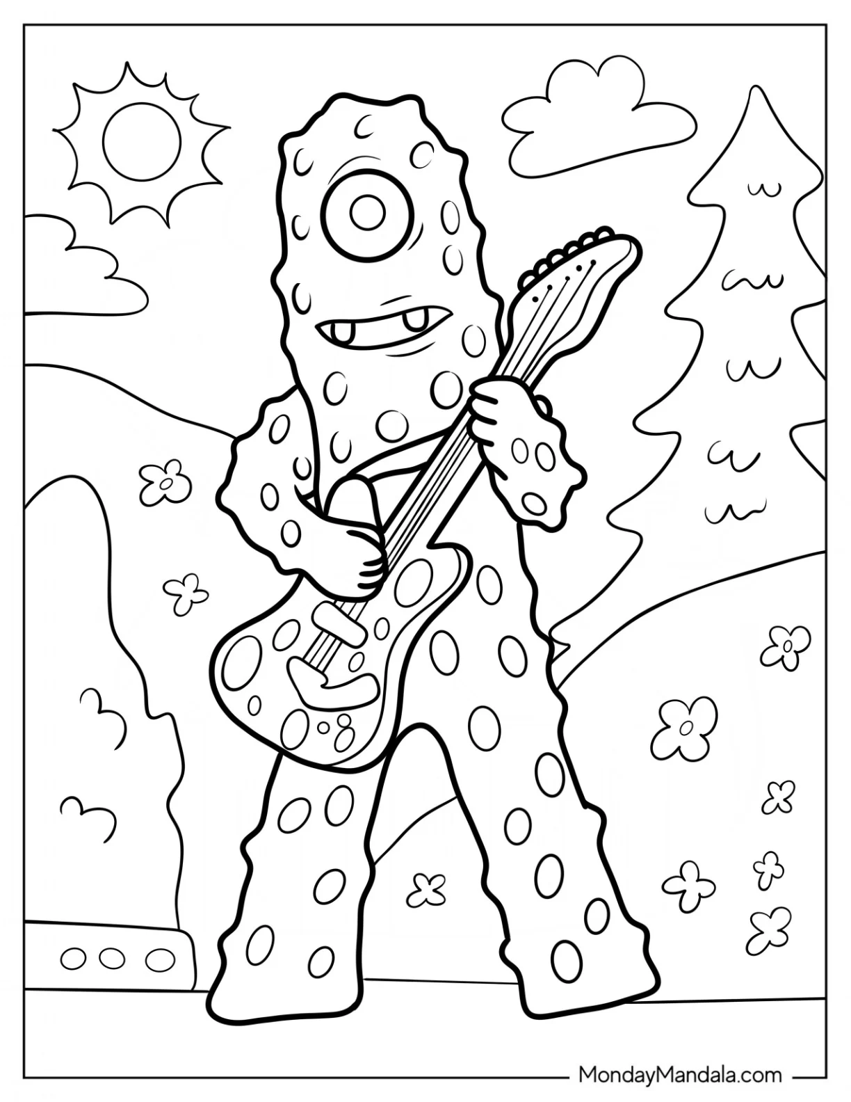 Yo Gabba Gabba Coloring Page Muno Playing The Guitar For Kids coloring page — printable line art