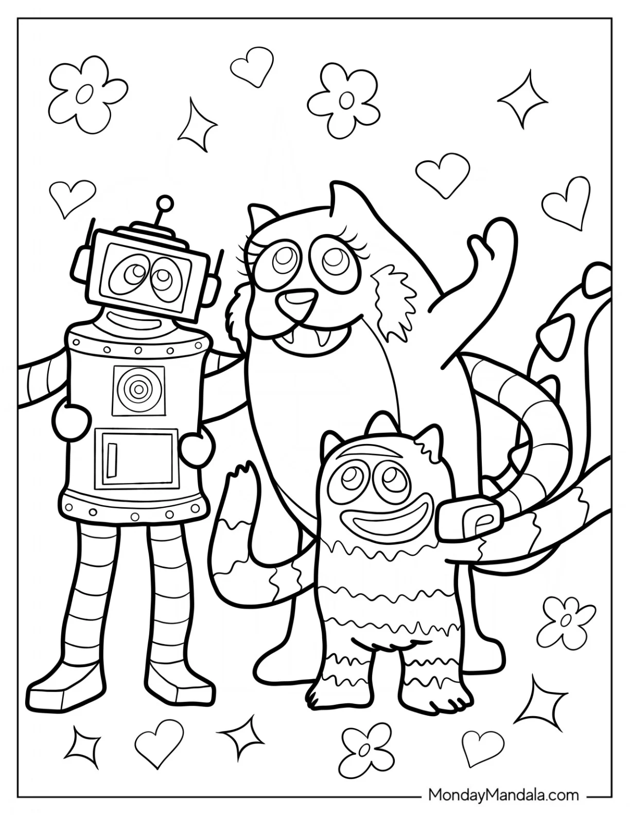 Yo Gabba Gabba Coloring Page Plex, Toodee, And Brobee Waving coloring page
