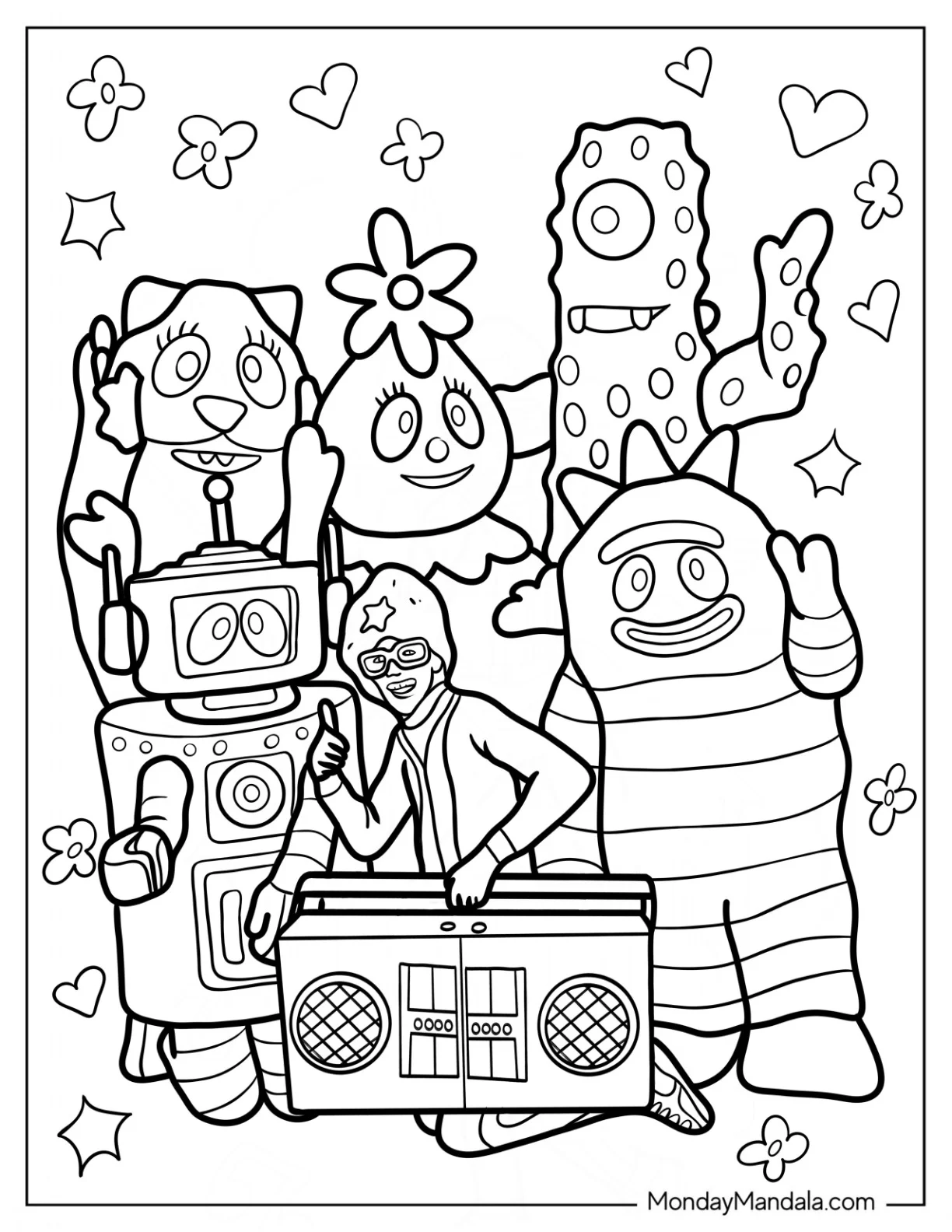 Yo Gabba Gabba Coloring Page Toodee, Foofa, Plex, Brobee, Muno, And Kammy Kam coloring page