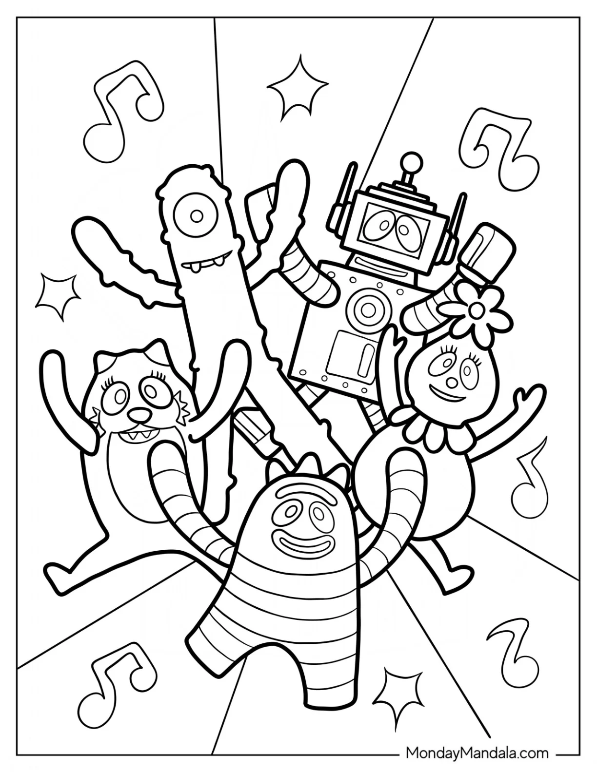 Yo Gabba Gabba Coloring Page Toodee, Muno, Plex, Foofa, And Brobee Dancing coloring page