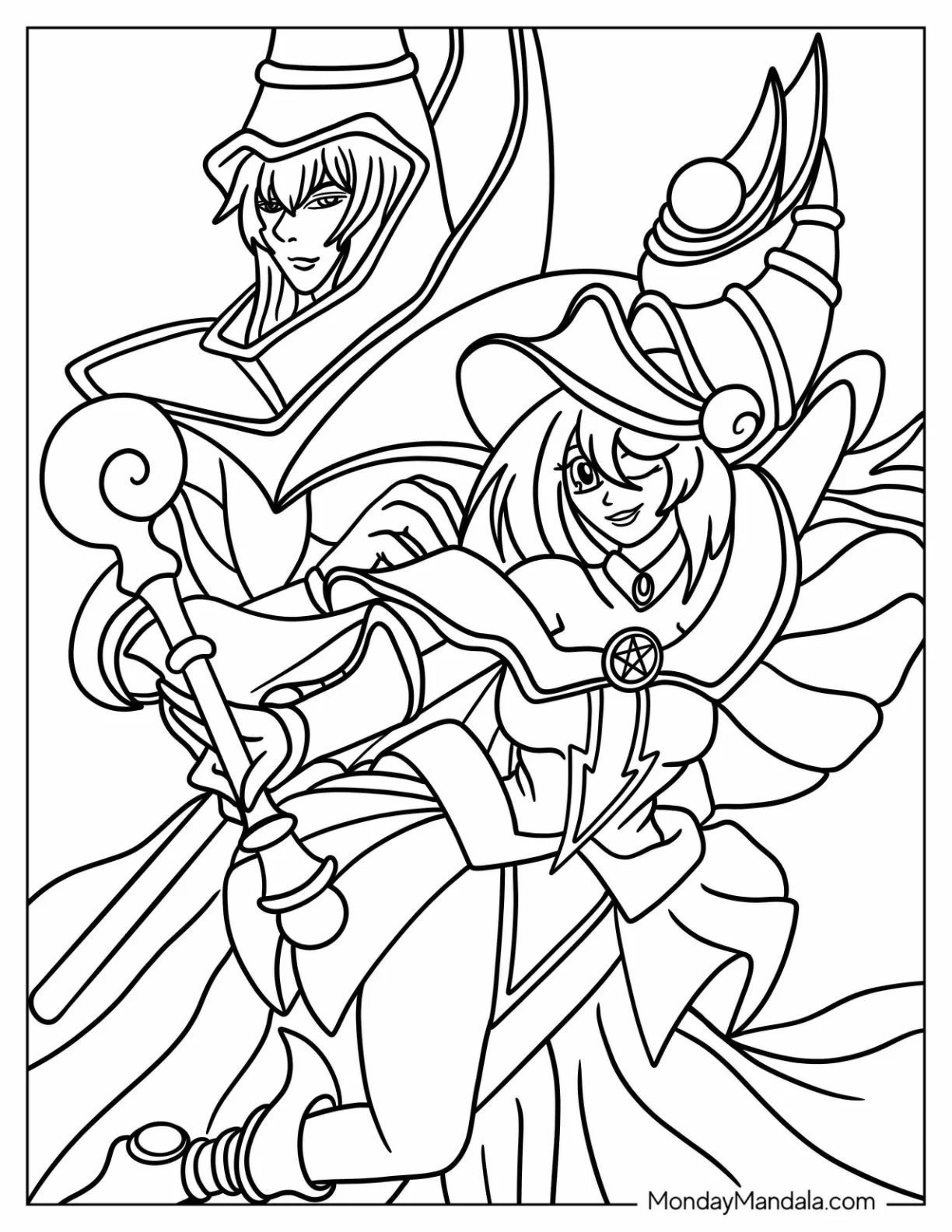 Yu Gi Oh Coloring Page Of Dark Magician With Dark Magician Girl For Kids coloring page