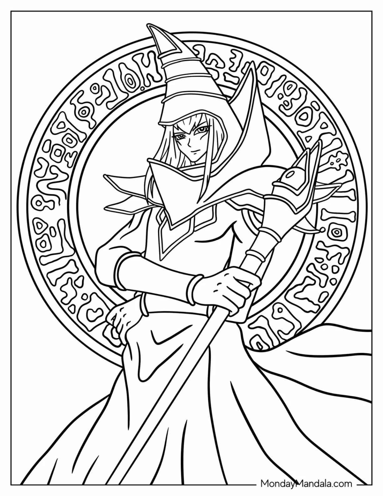 Yu Gi Oh Coloring Page Of Detailed Yu Gi Oh Dark Magician coloring page — printable line art