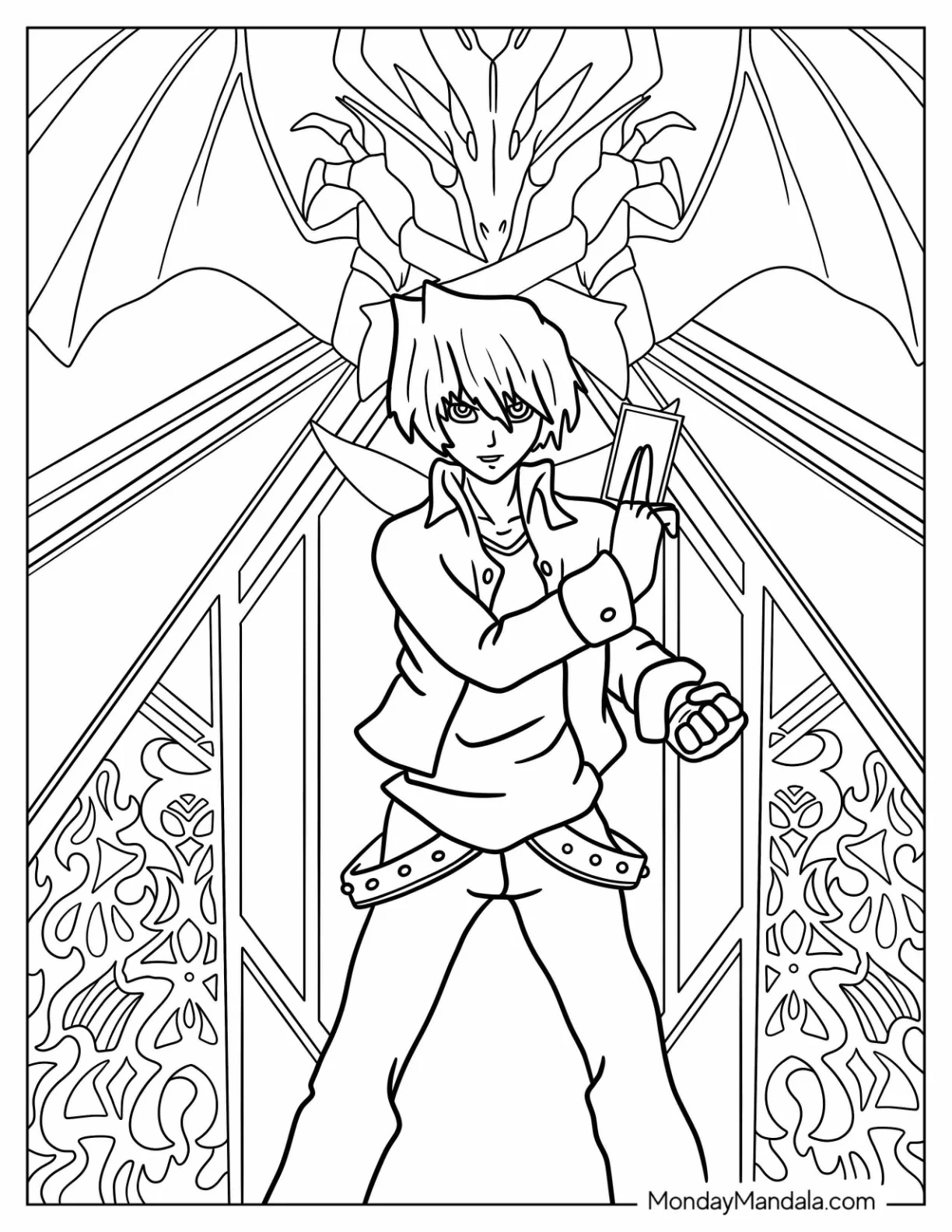 Yu Gi Oh Coloring Page Of Joey Wheeler Holding Up Card During Battle coloring page — printable line art