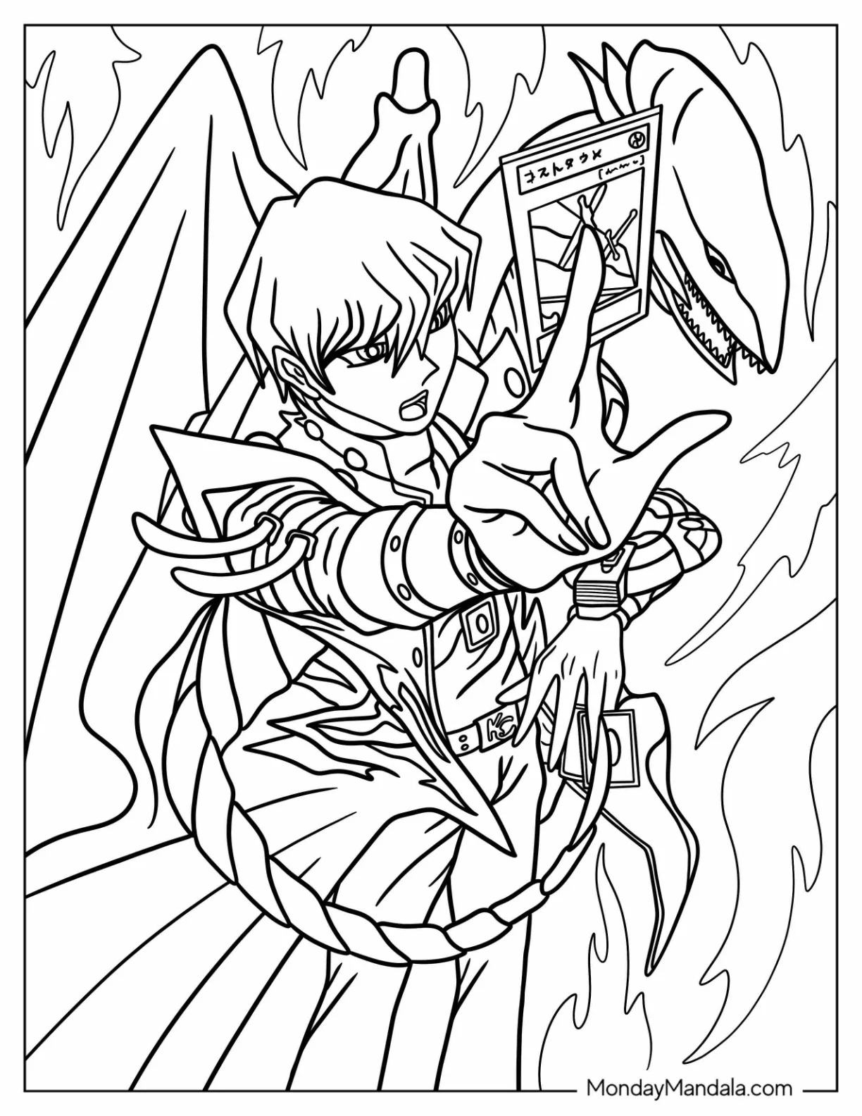 Yu Gi Oh Coloring Page Of Seto Kaiba In Duel Monsters With Blue Eyed White Dragon coloring page — printable line art