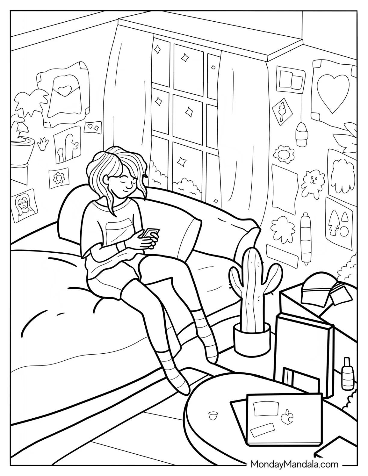Bedroom Coloring Page Girl Texting On Her Bed Surrounded By Posters And Cactus coloring page — printable line art