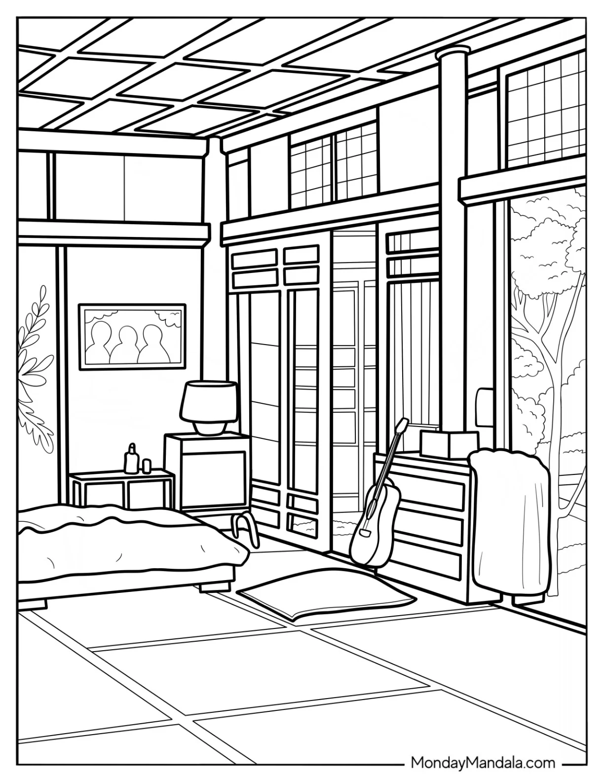 Bedroom Coloring Page Japanese Theme Bedroom With Plants And Guitar coloring page