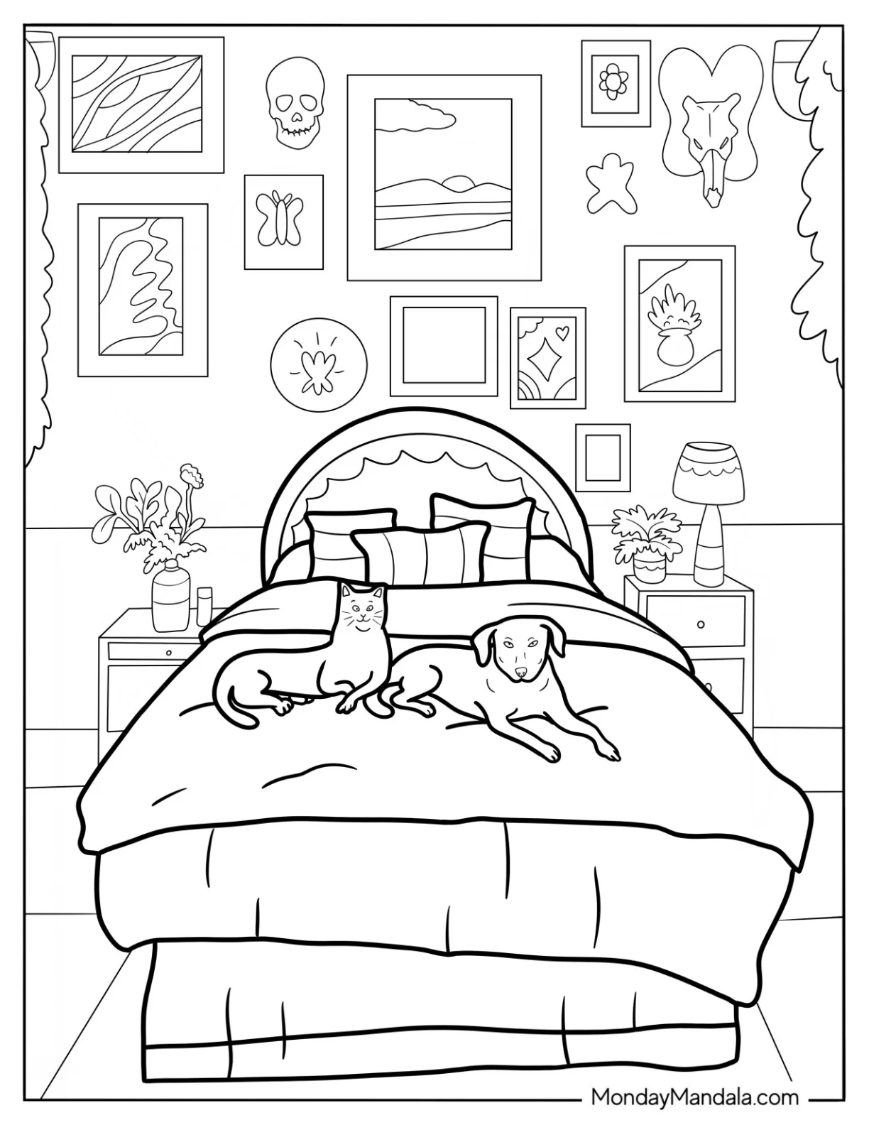 Bedroom Coloring Page Of Dog And Cat Resting On A Bed For Kids coloring page — printable line art