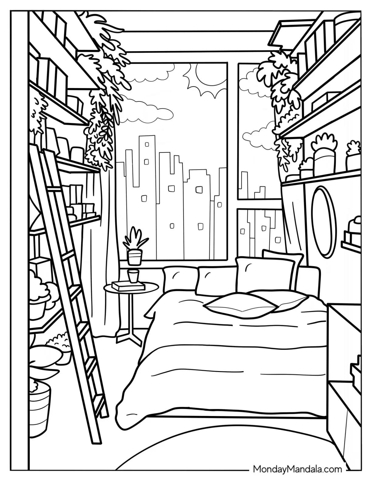 Bedroom Coloring Page Of Tiny Studio Apartment With Bookshelf And Plants coloring page