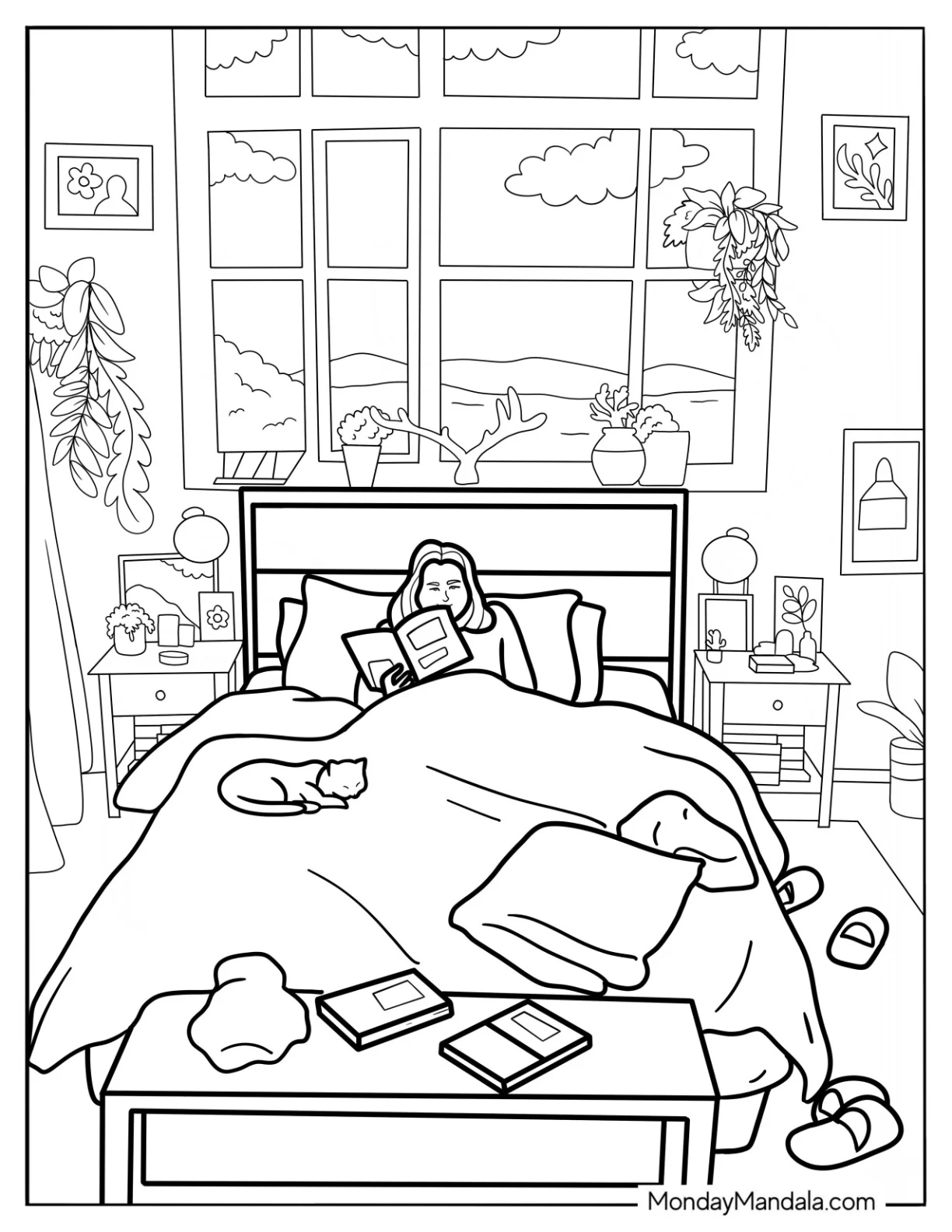 Bedroom Coloring Page Realistic Woman Reading On Her Bed With Cats coloring page