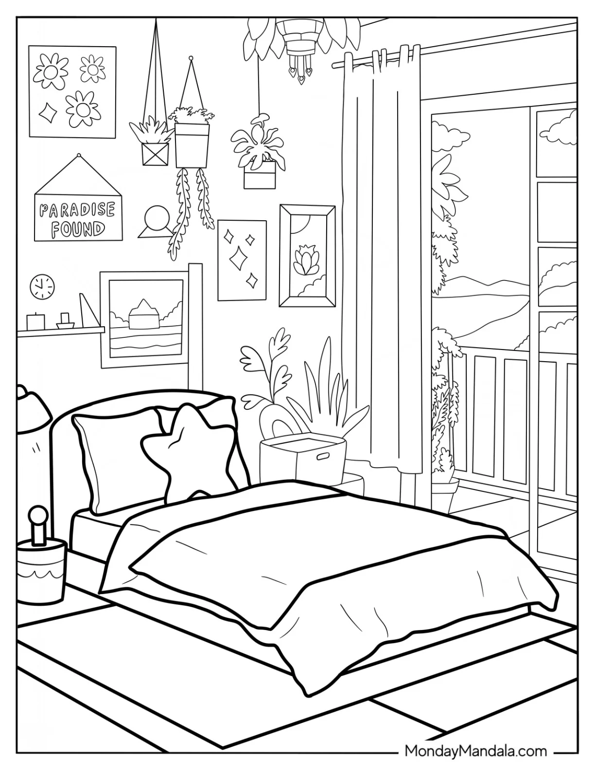 Bedroom Coloring Page With Hanging Plants And Open Balcony coloring page — printable line art