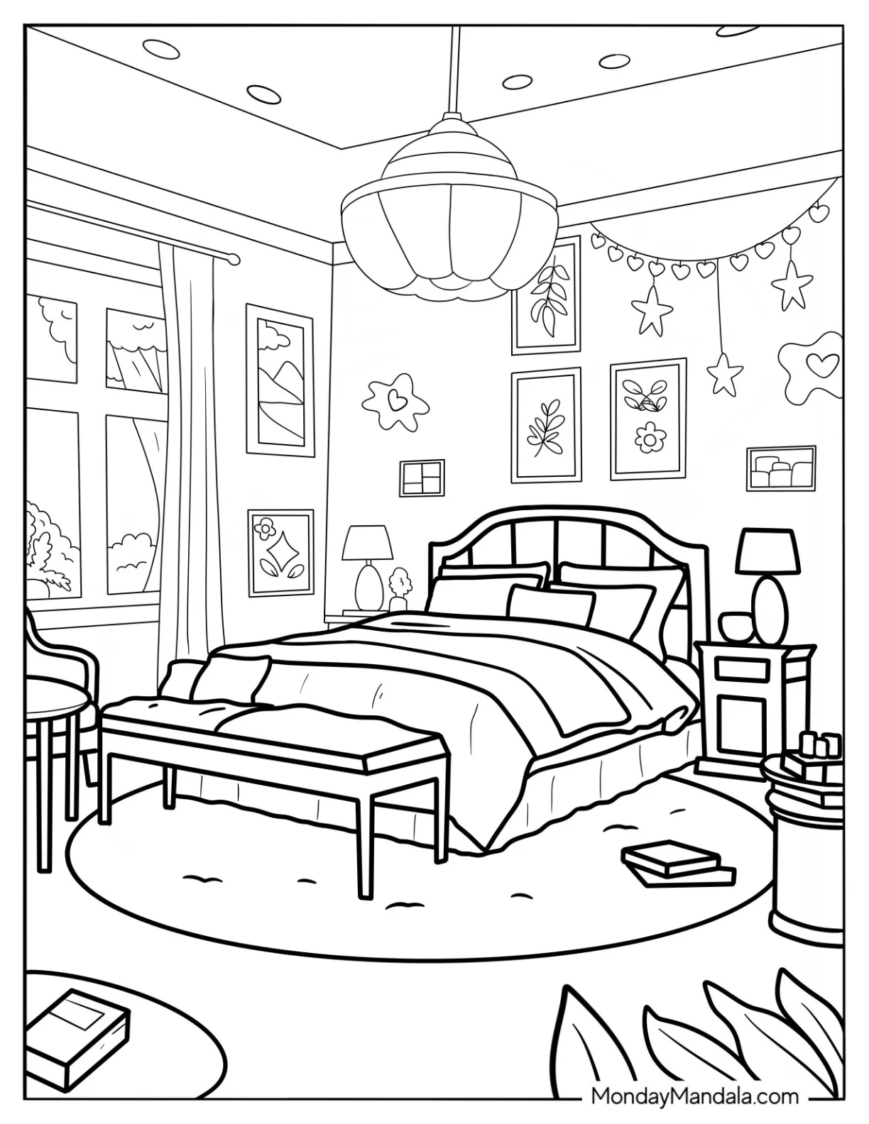 Classy Bedroom Coloring Page With Ottoman, Paintings, And Hanging Lights coloring page