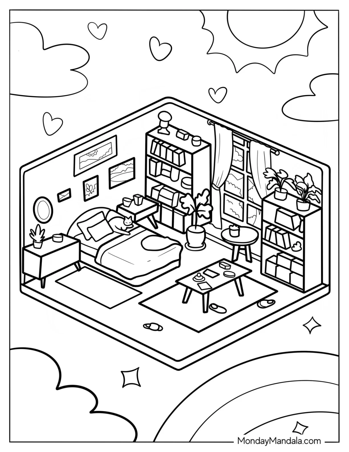 Isometric Bedroom Coloring Page With Bookshelves, Coffee Table, And Plants coloring page