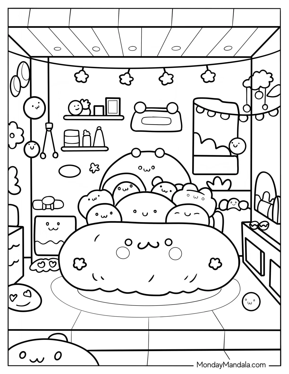 Kawaii Kid's Bedroom Coloring Page Full Of Toys For Kids coloring page