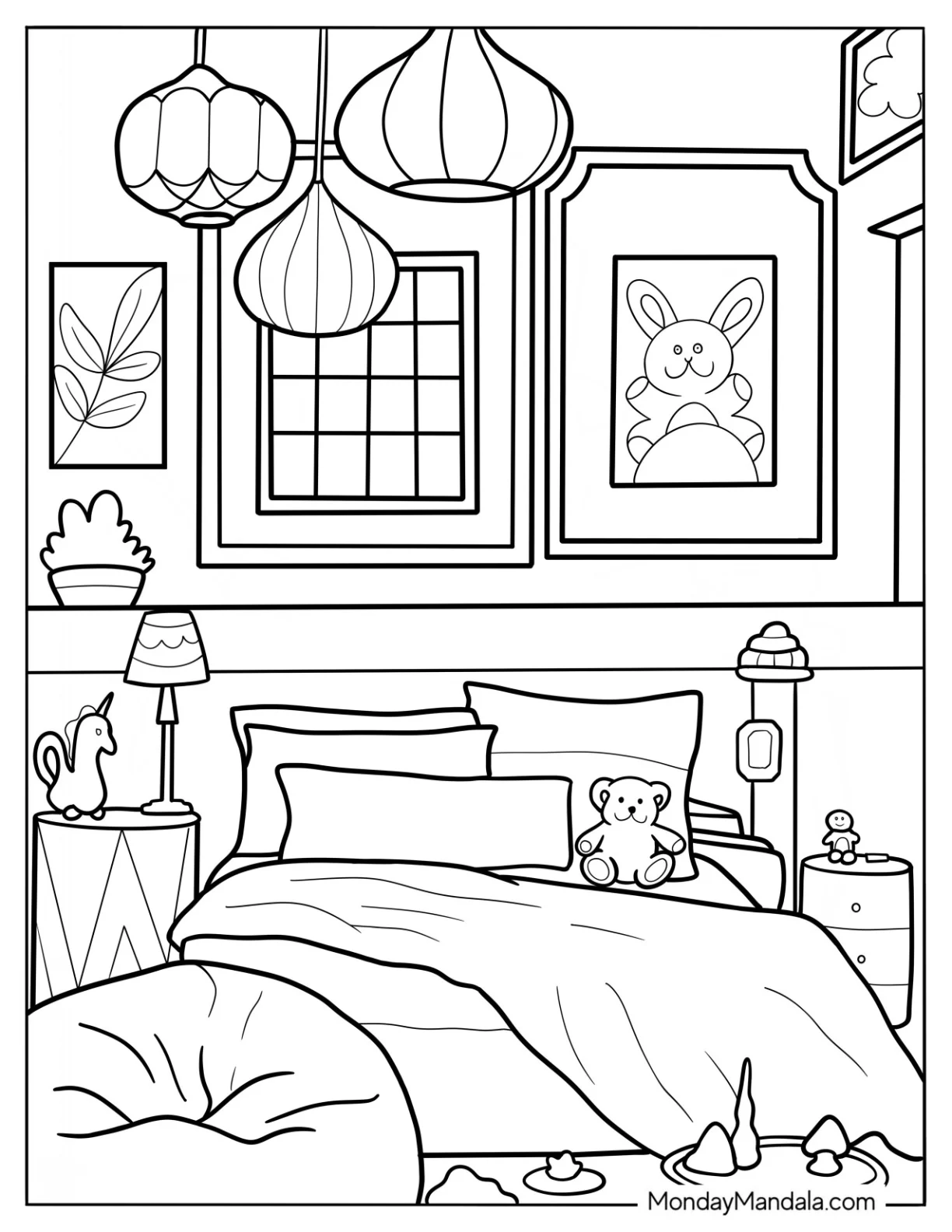 Kid's Bedroom Coloring Page With Bean Bag, Stuffed Toys, And Paintings coloring page