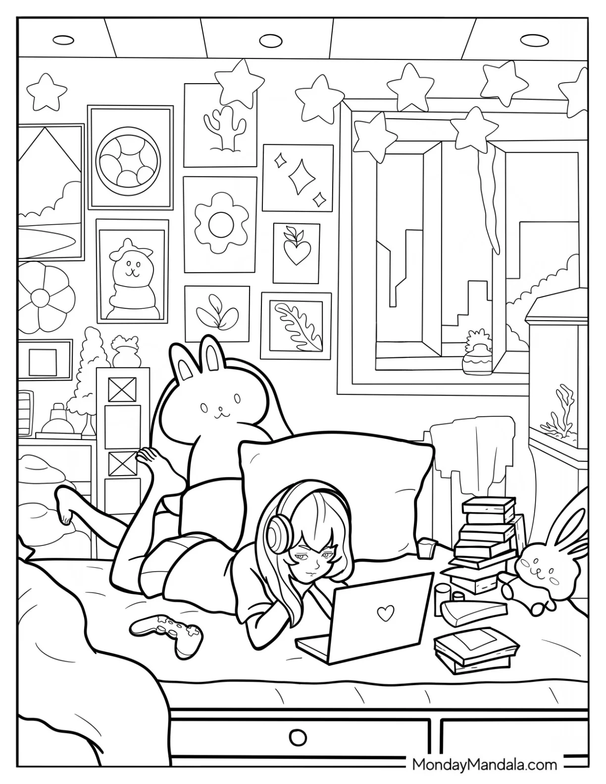 Little Girl Watching On Her Laptop While Lounging In Her Bedroom Coloring Page coloring page — printable line art
