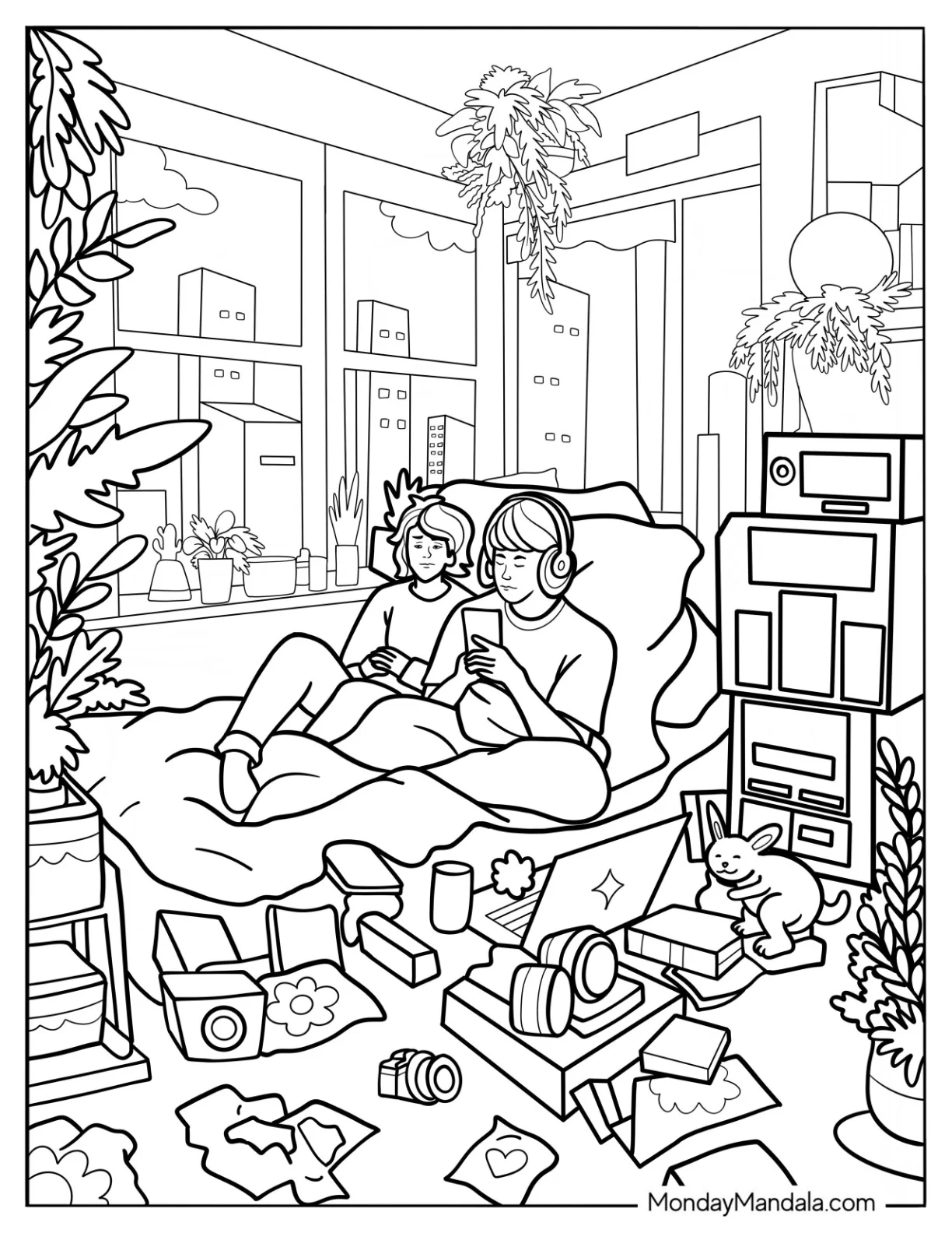 Man And Woman Lounging In A Messy Apartment Bedroom Coloring Page coloring page