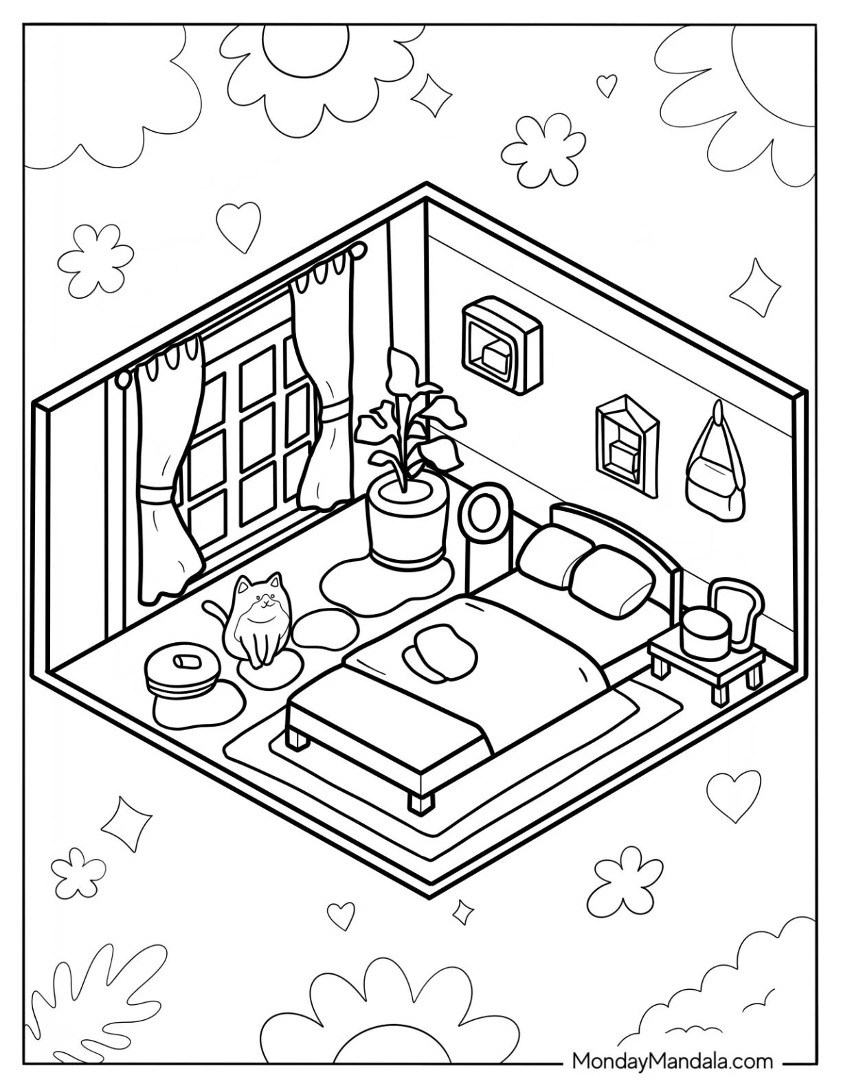 Modern Isometric Bedroom Coloring Page With A Large Cat coloring page