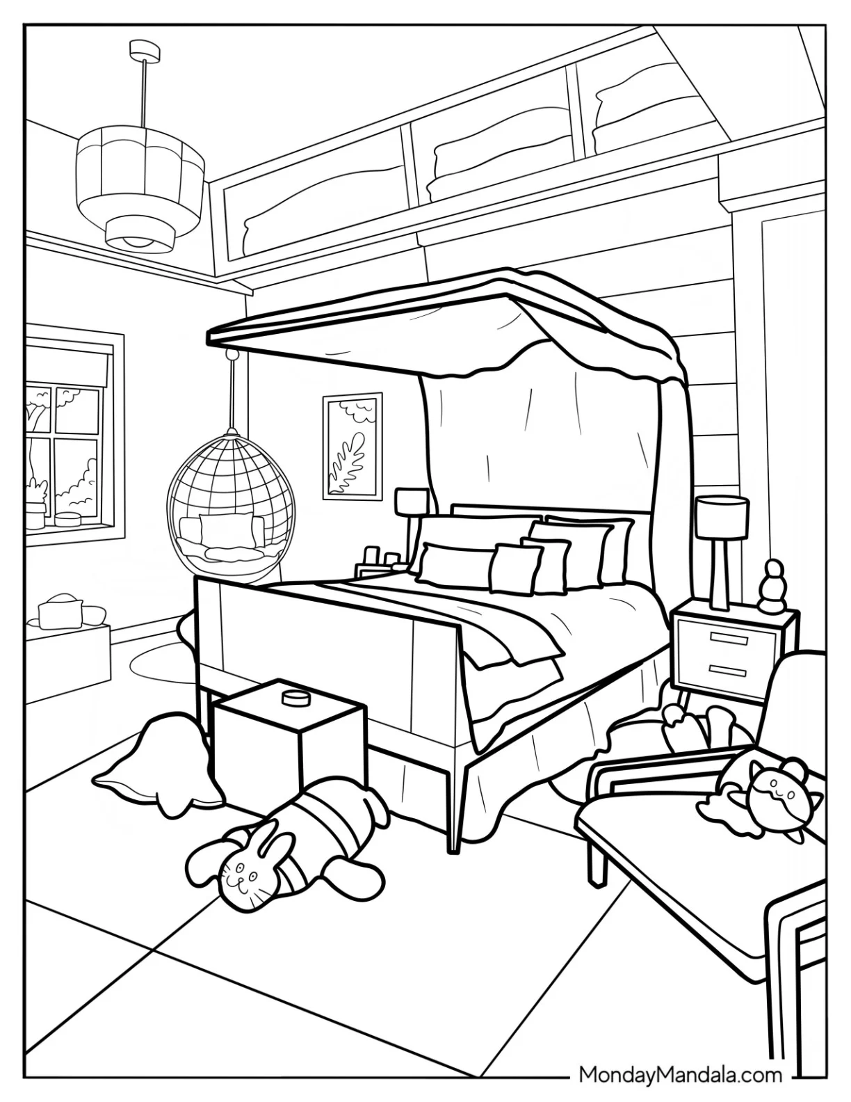 Quaint Bedroom Coloring Page With Canopy, Armchair, And Stuffed Toys coloring page