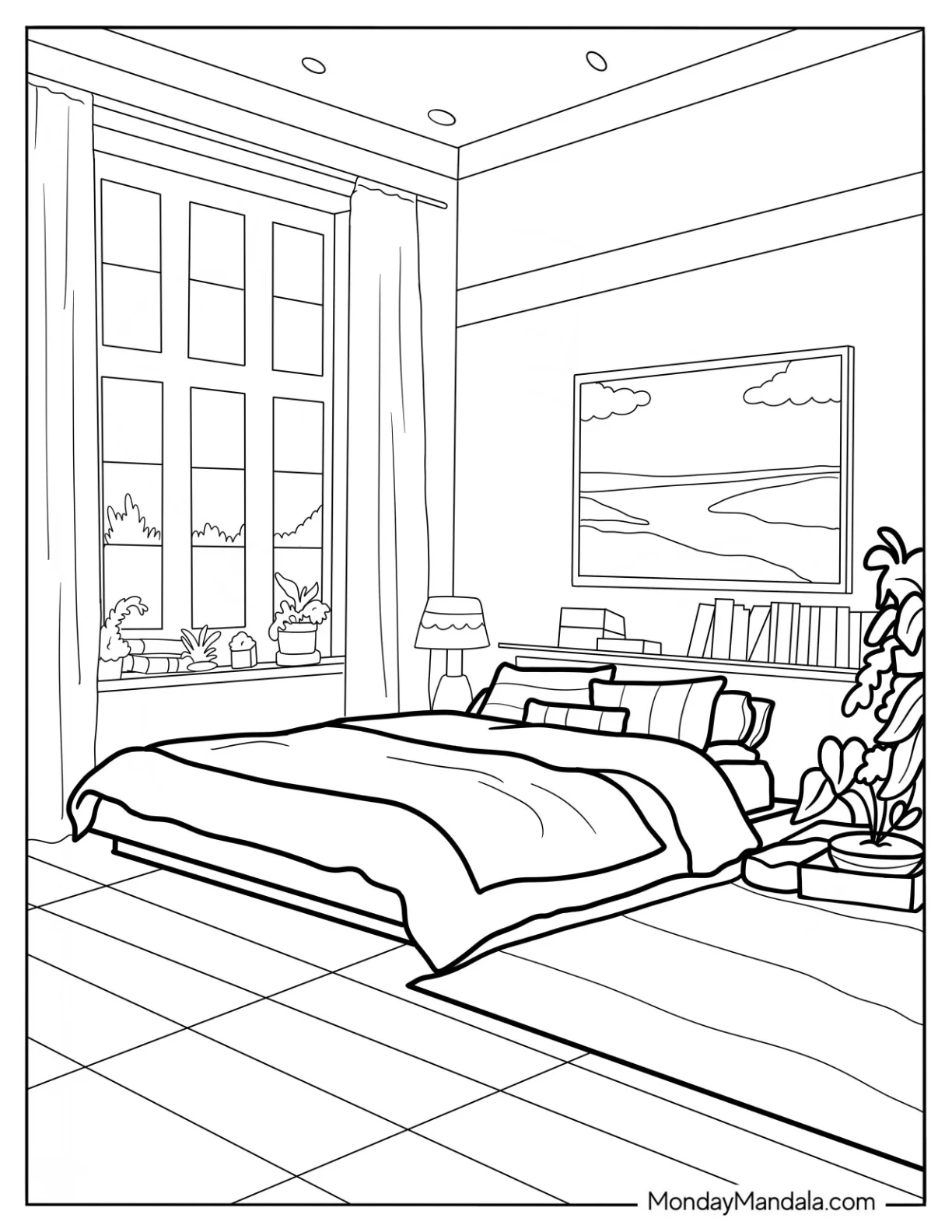Sleek Modern Bedroom Coloring Page coloring page — printable line art