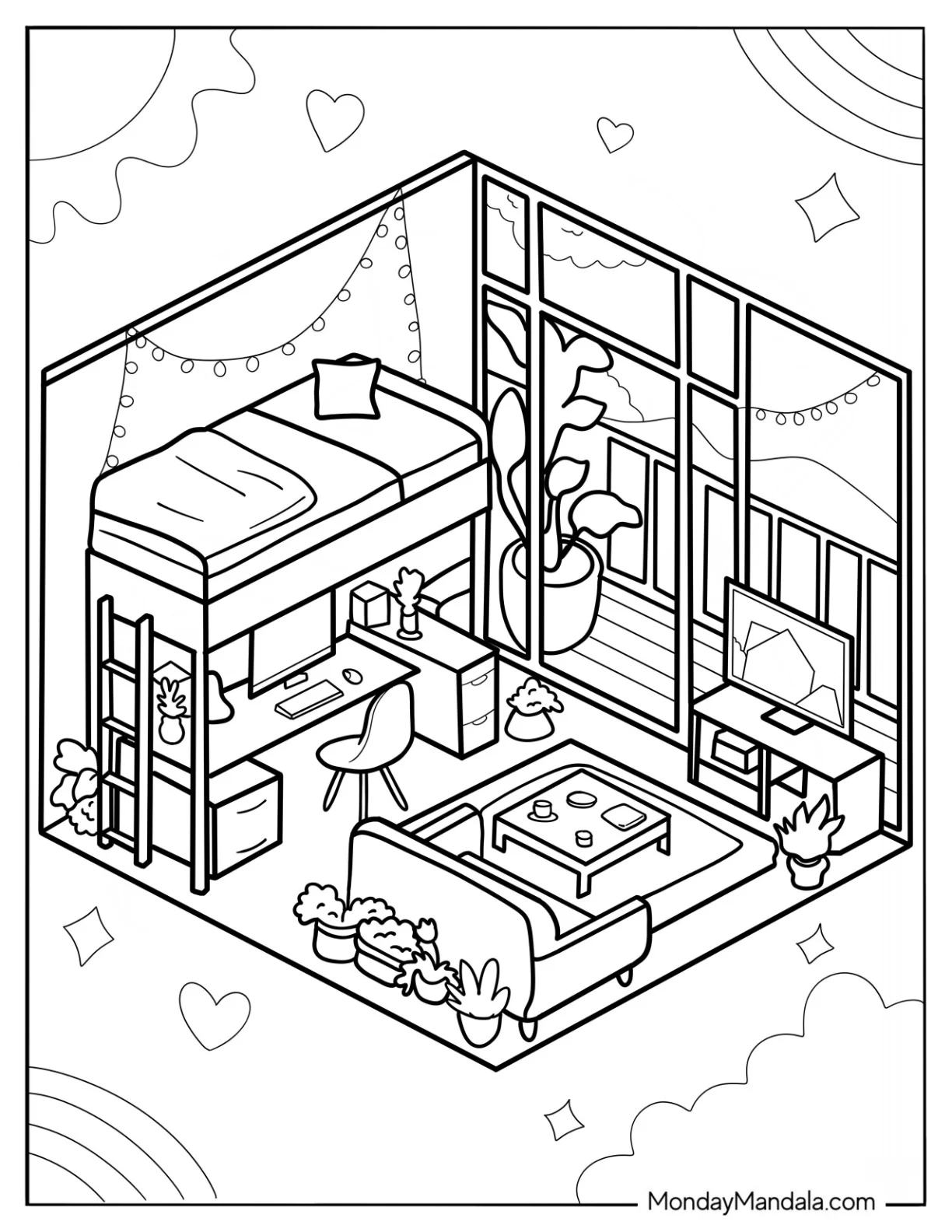 Small Isometric Bedroom Coloring Page With Study Desk And Balcony coloring page