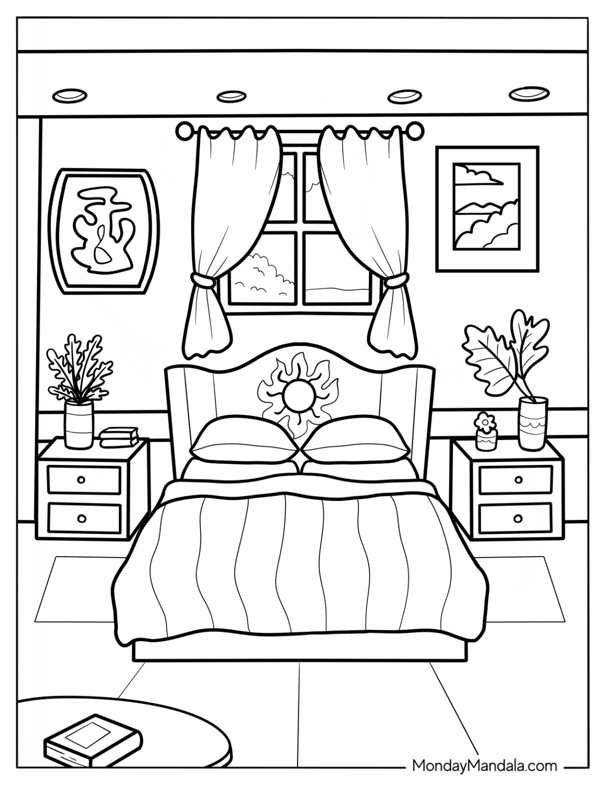 Sunny Bedroom Coloring Page With A Double Bed, Side Desks, Paintings, And Rugs coloring page