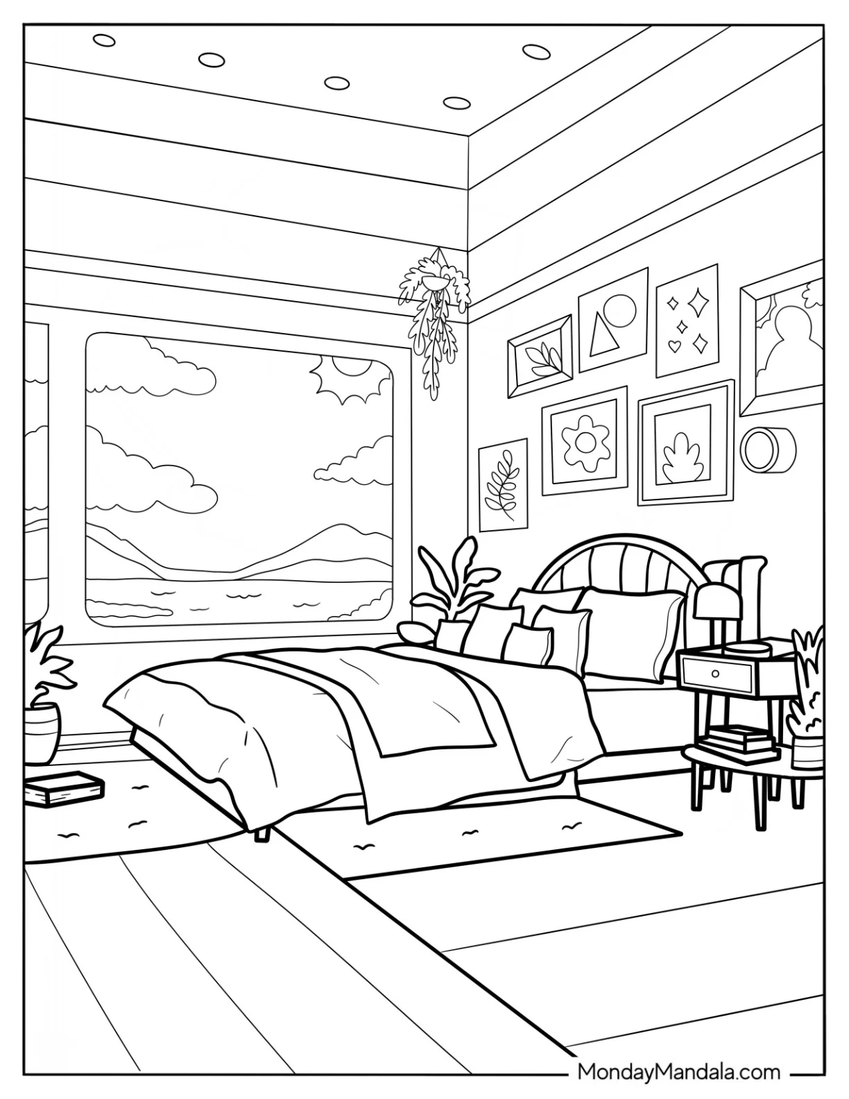 Tidy Bedroom Coloring Page With Scenic Ocean View coloring page