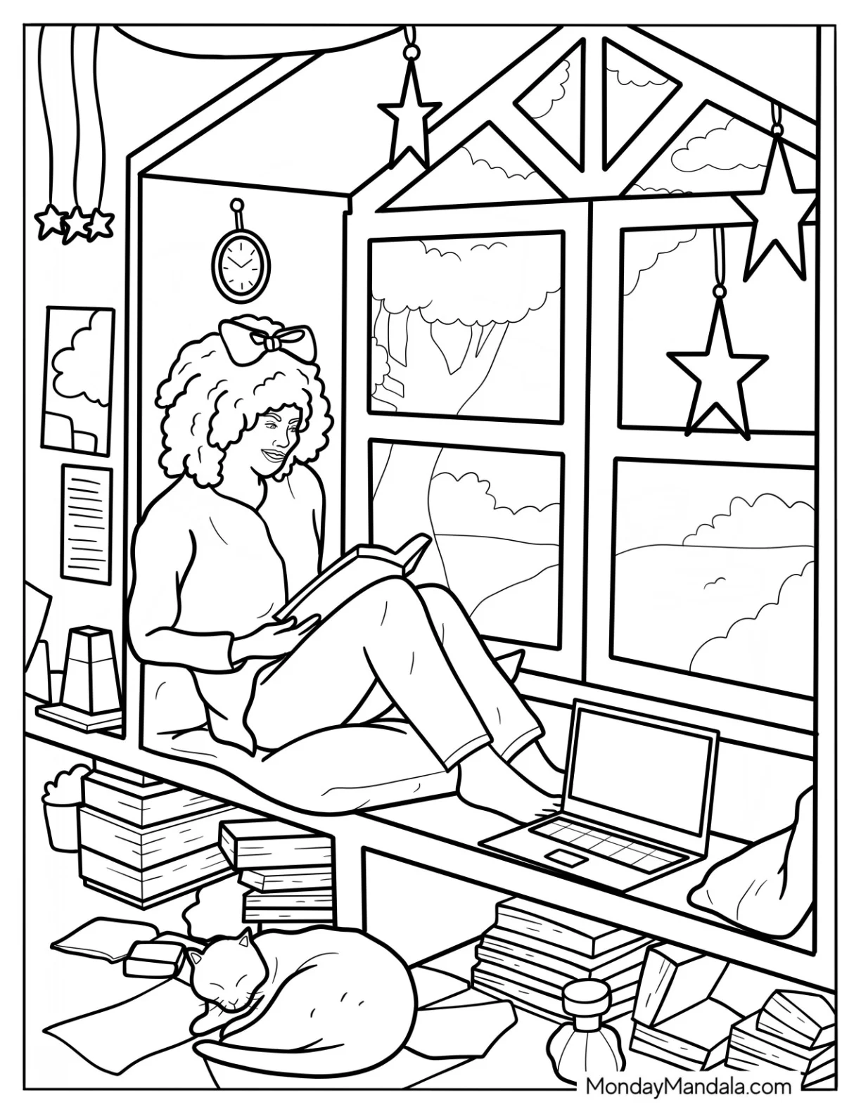 Woman Reading On A Window Bay With Laptops And Books Bedroom Coloring Page coloring page