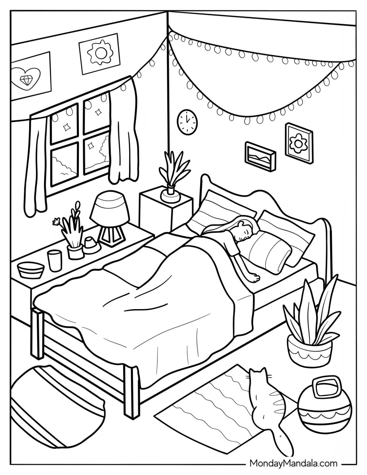 Woman Sleeping In Her Cozy Bedroom Coloring Page For Kids coloring page
