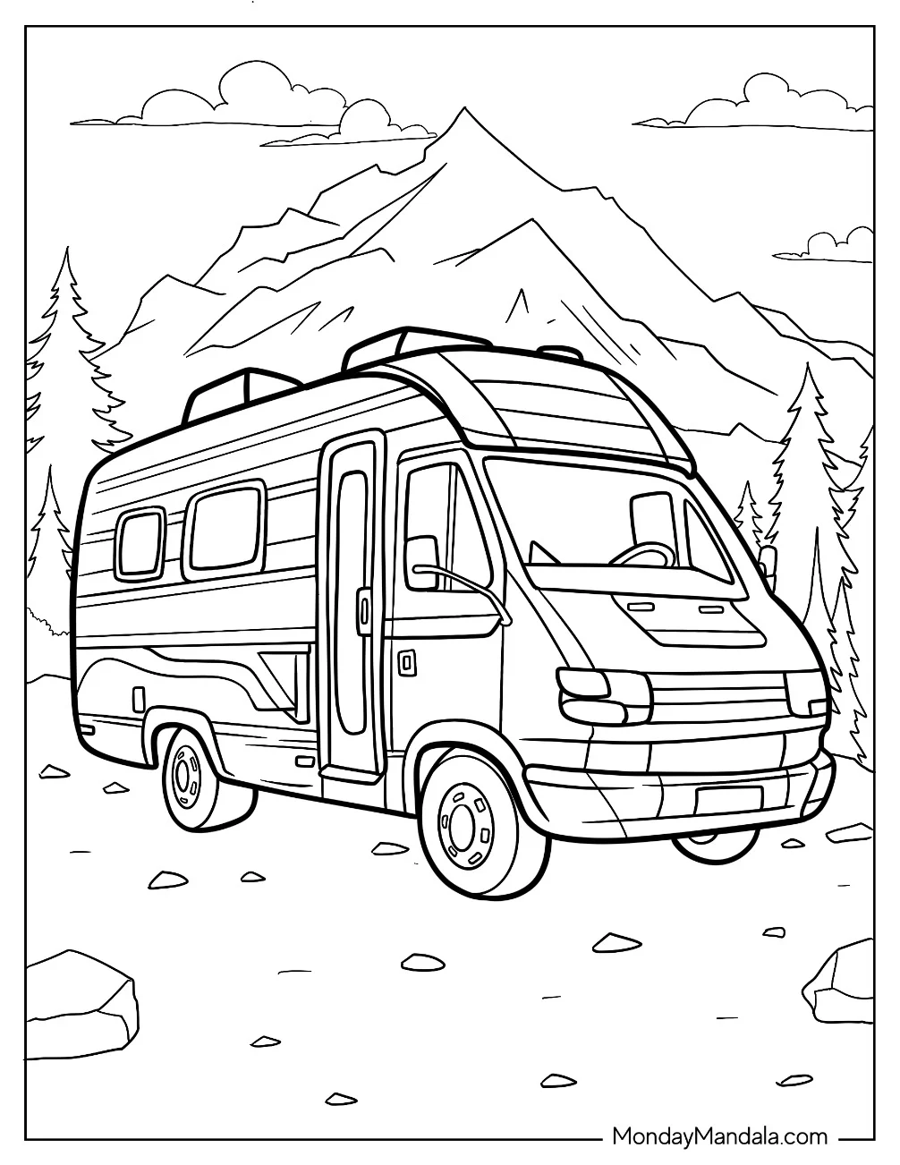 Camper & RV Coloring Page Parked In The Forest With Mountain Background coloring page