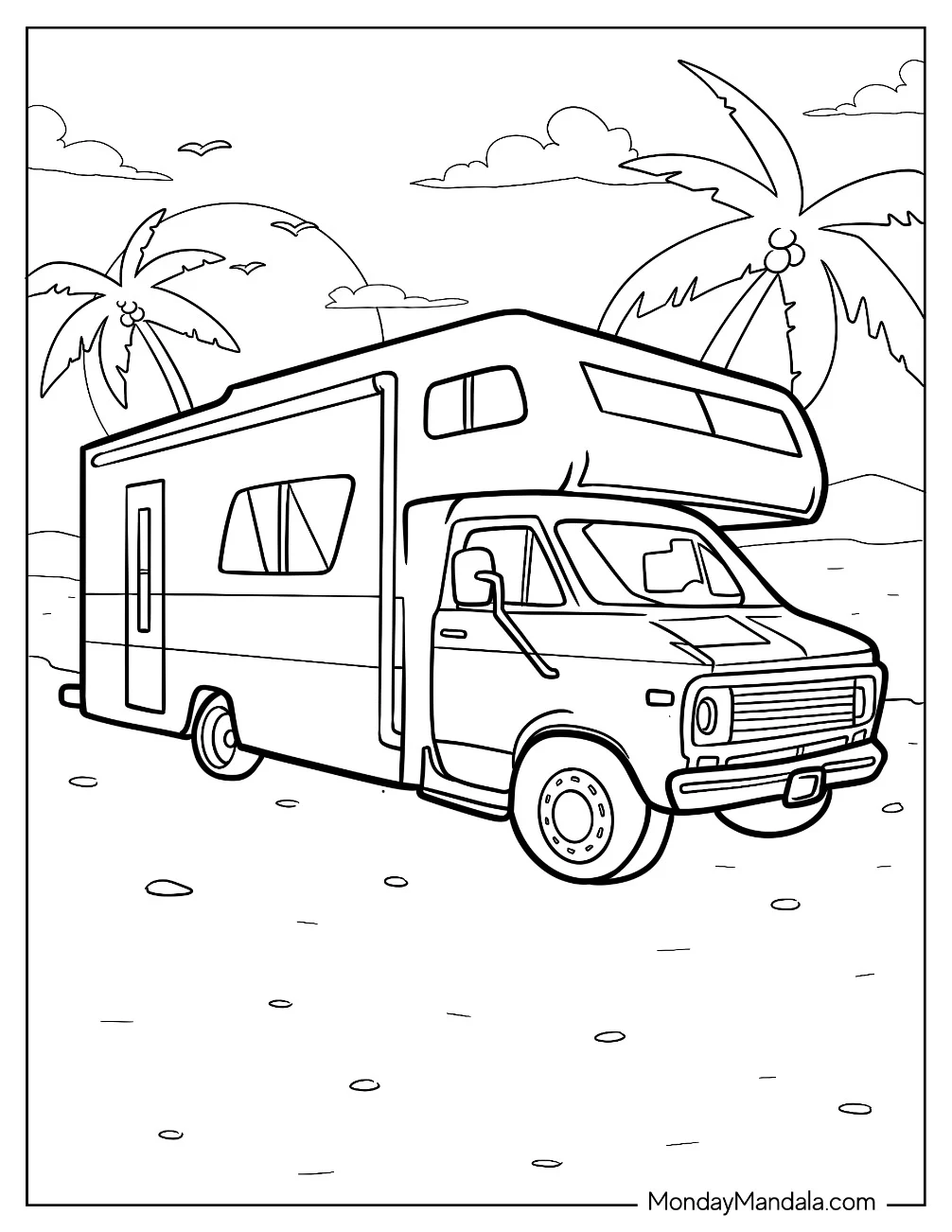 Classic Camper & RV Coloring Page Motorhome At The Beach coloring page