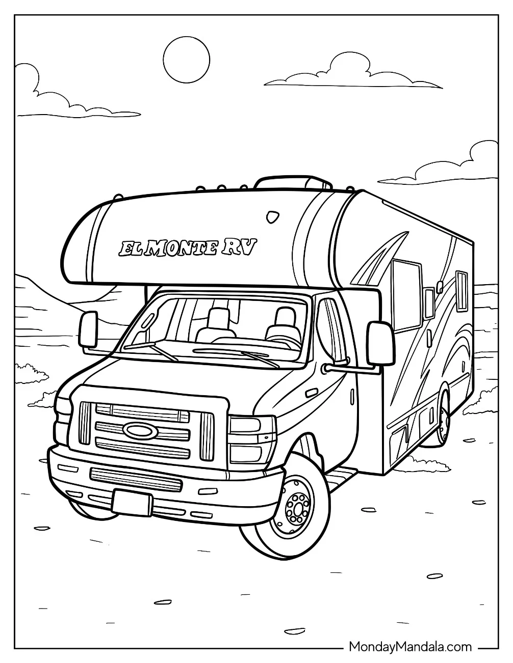 El Monte Camper & RV Coloring Page Parked In The Desert For Kids coloring page — printable line art