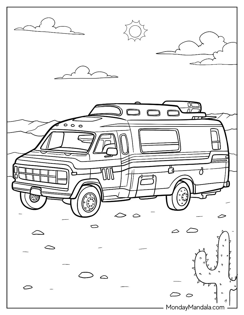 GMC Vandura Camper & RV Coloring Page In The Desert coloring page