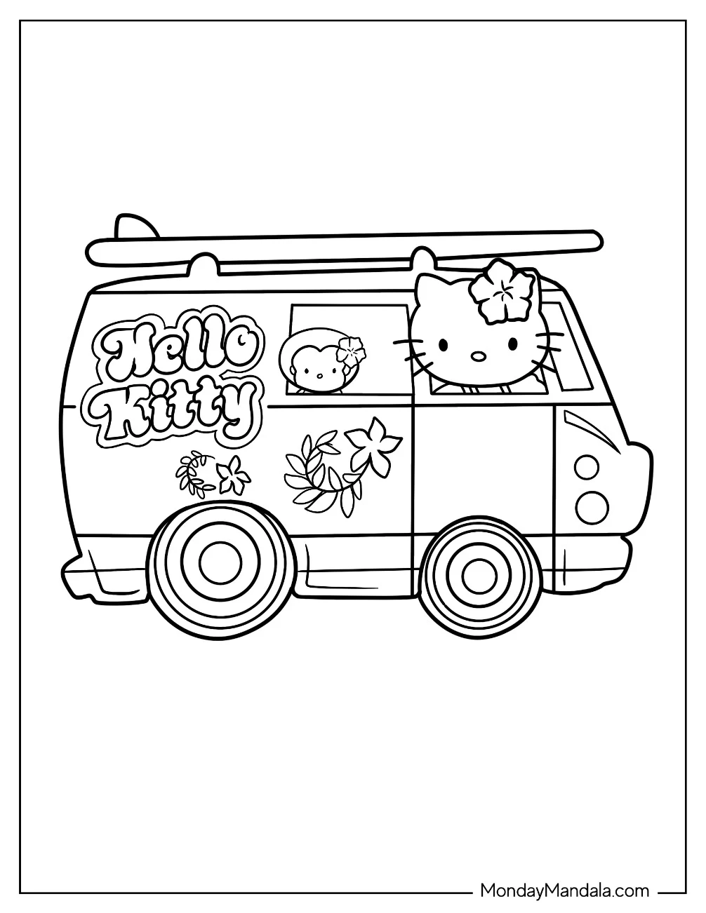 Kawaii Hello Kitty Camper & RV Coloring Page For Kids coloring page