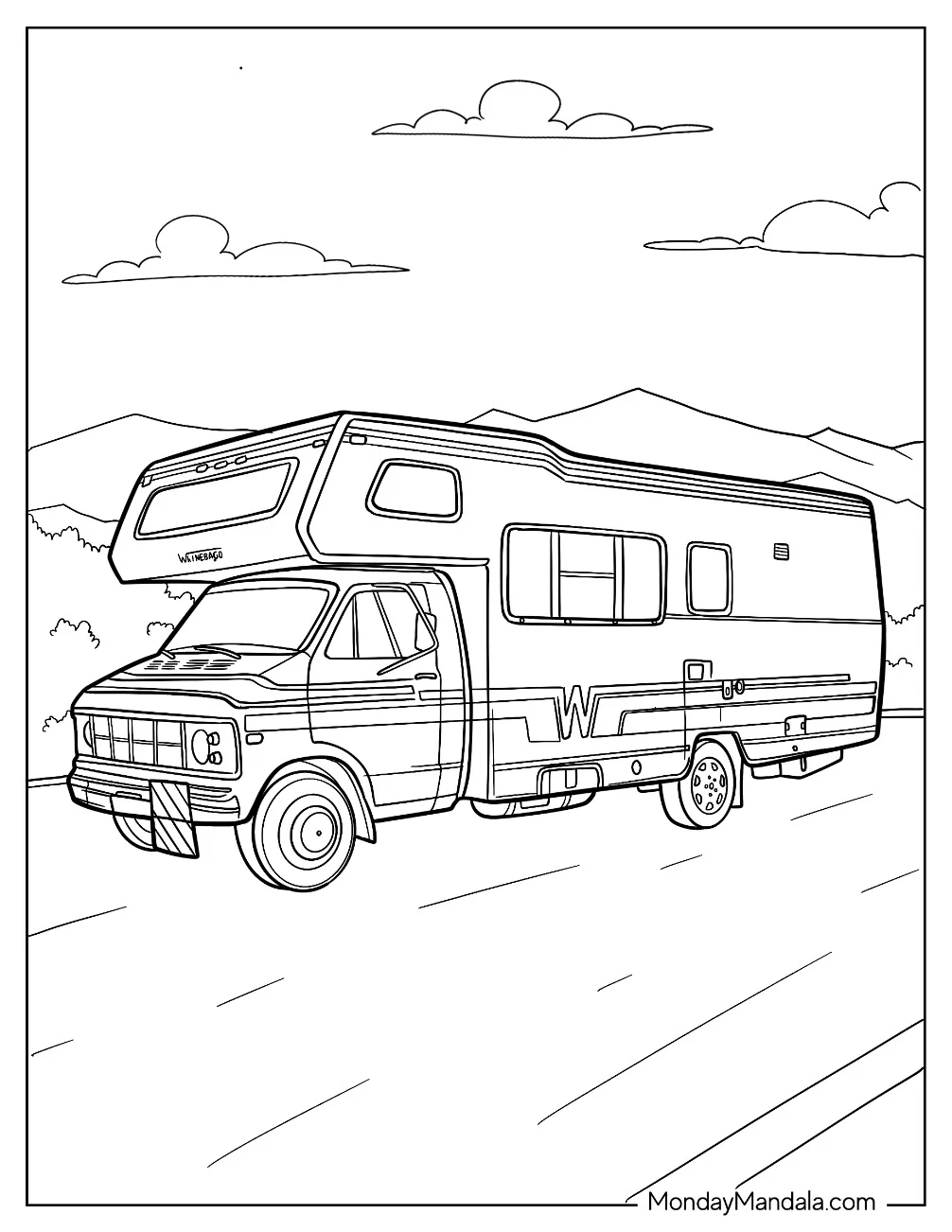 Large Camper & RV Coloring Page On The Road For Kids coloring page