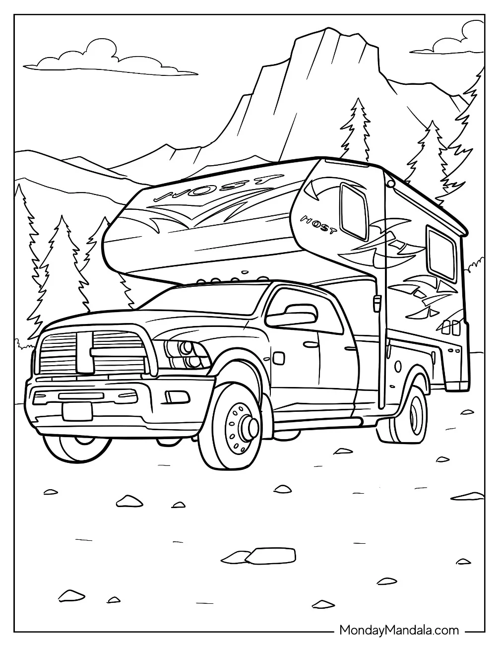 Large Modern Camper & RV Coloring Page In The Forest coloring page