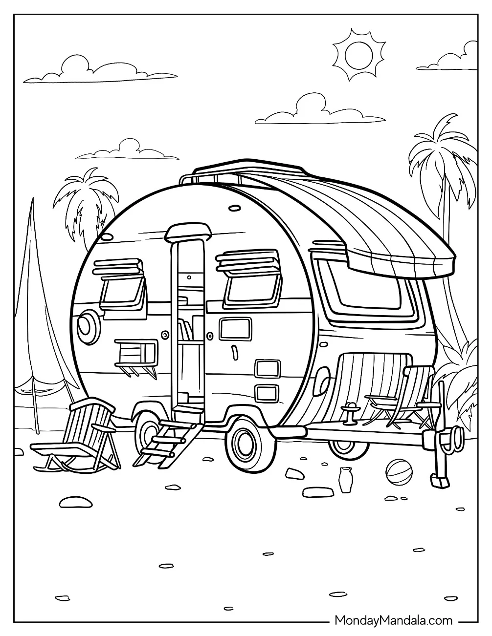 Round Camper & RV Coloring Page With Beach Chairs coloring page