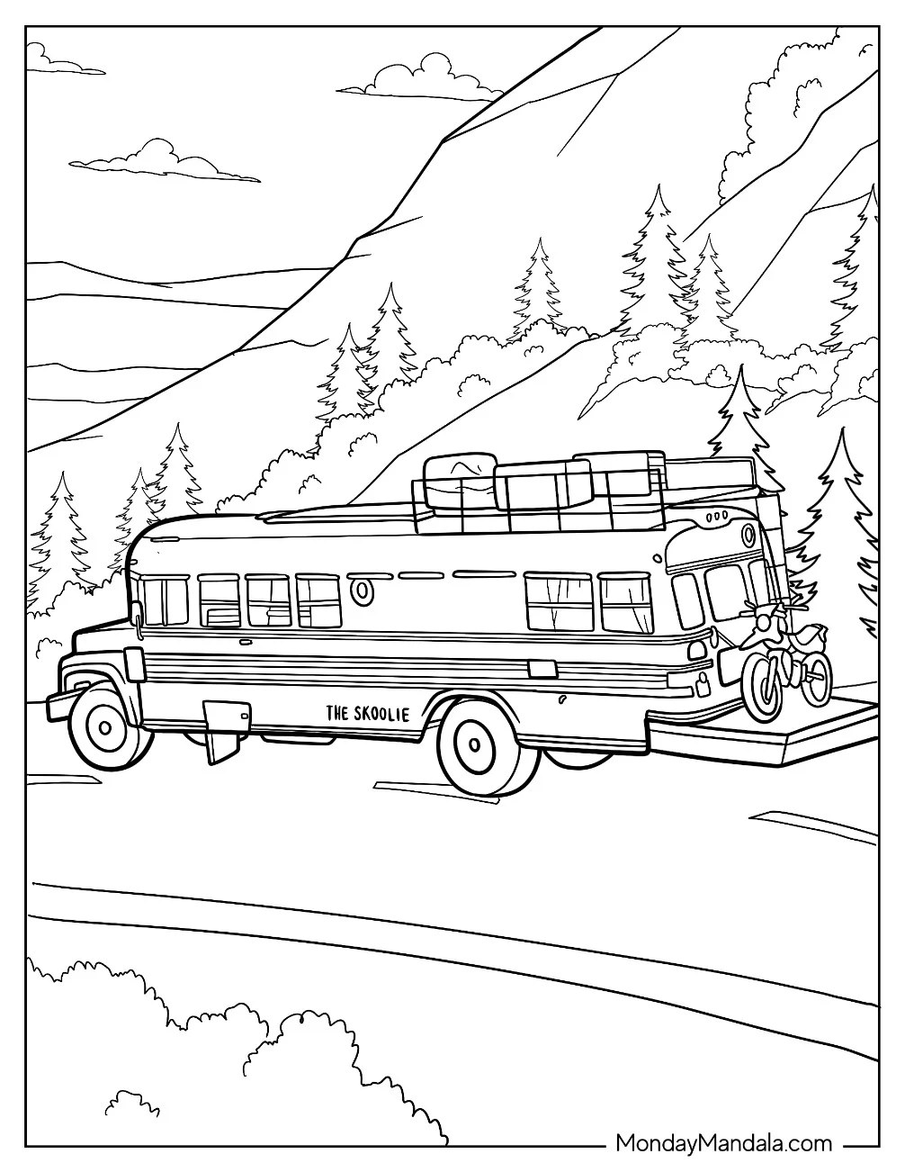 Skoolie Camper & RV Coloring Page On The Road coloring page