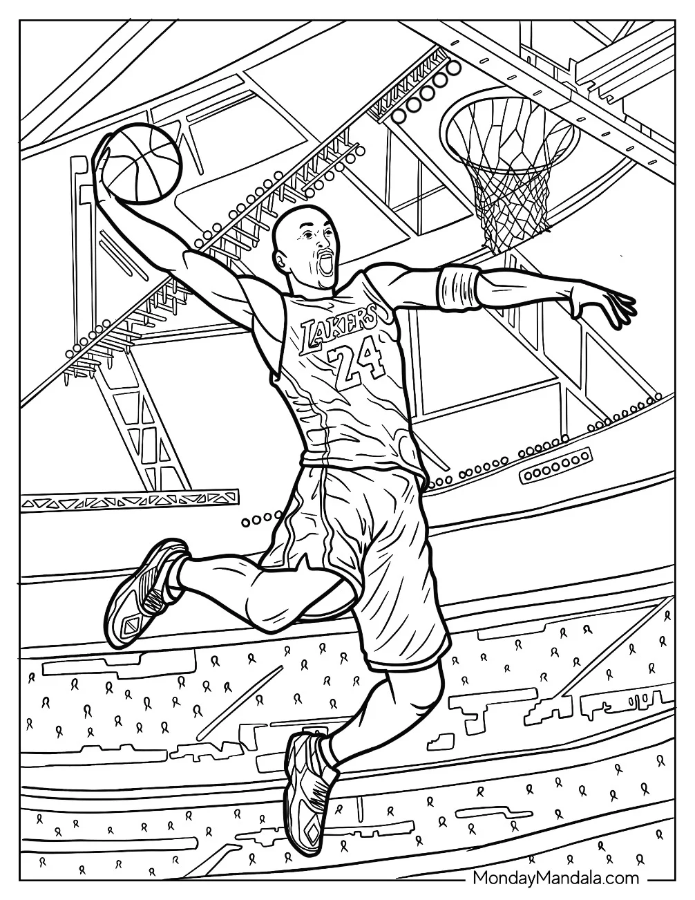 Detailed Kobe Bryant Coloring Page About To Slam Dunk coloring page