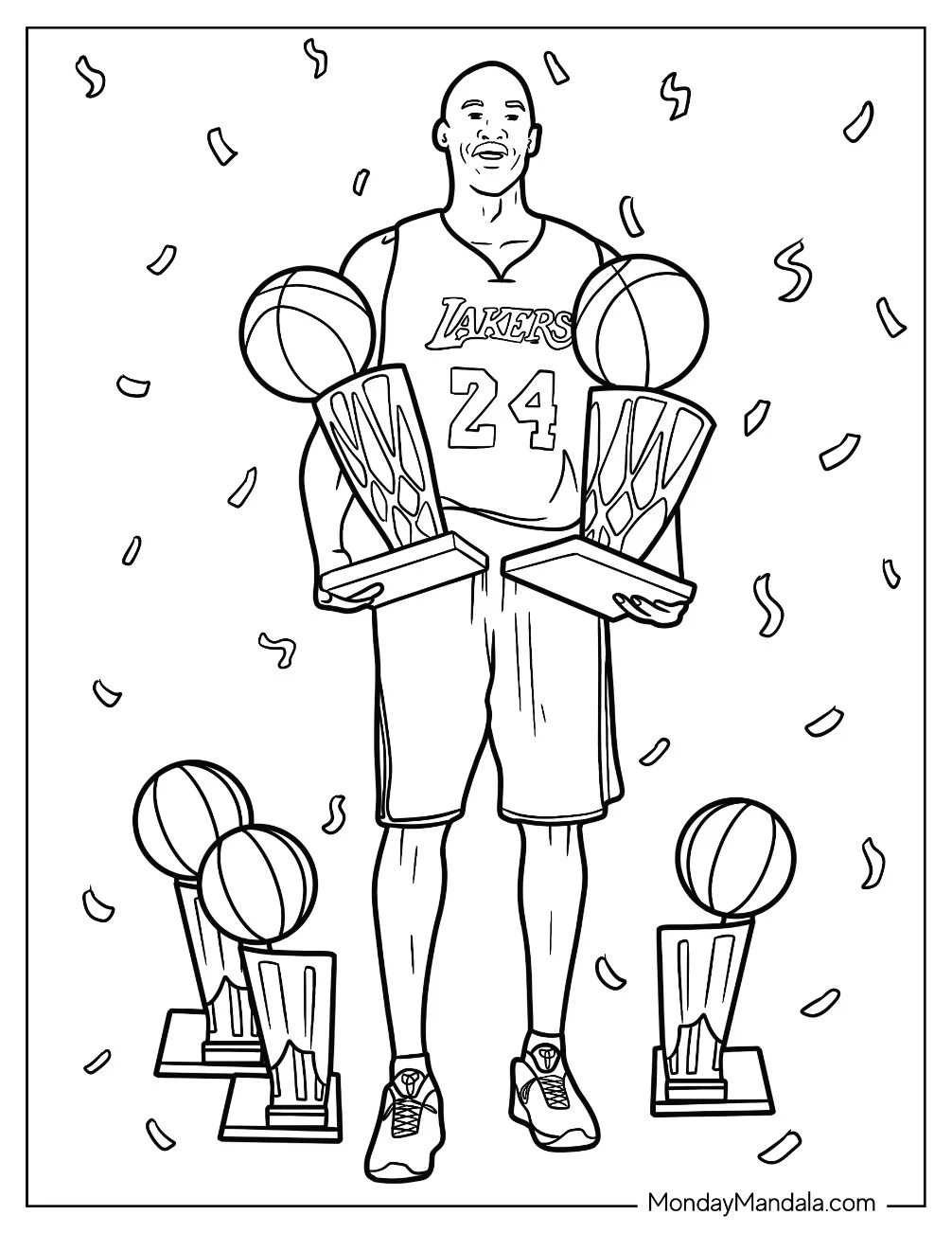 Kobe Bryant Coloring Page Holding Two Trophies With Confetti coloring page