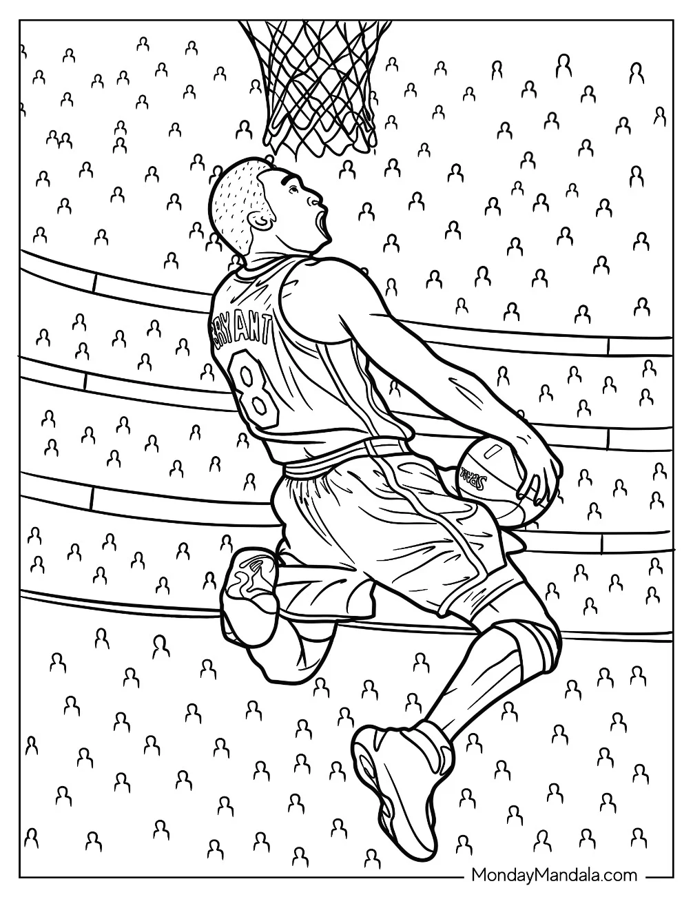 Kobe Bryant Coloring Page In Mid Air With Basketball coloring page