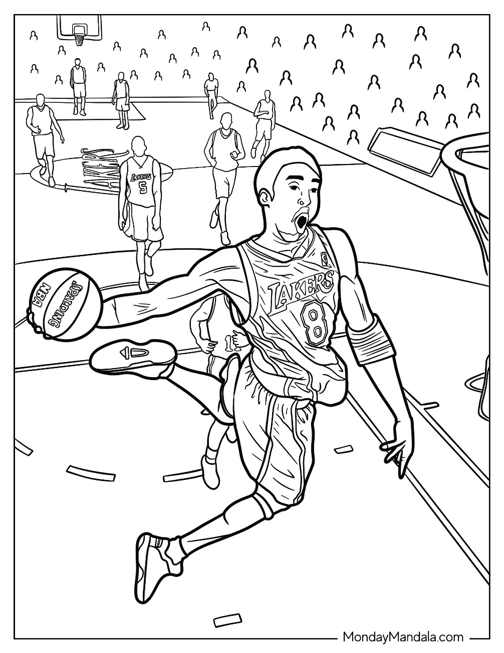 Kobe Bryant Coloring Page In The Air To Dunk Ball During Game coloring page