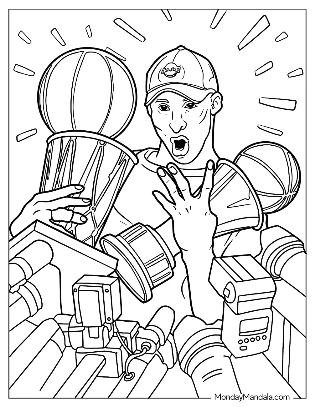 Kobe Bryant Coloring Page With Championship Trophies During Interview coloring page