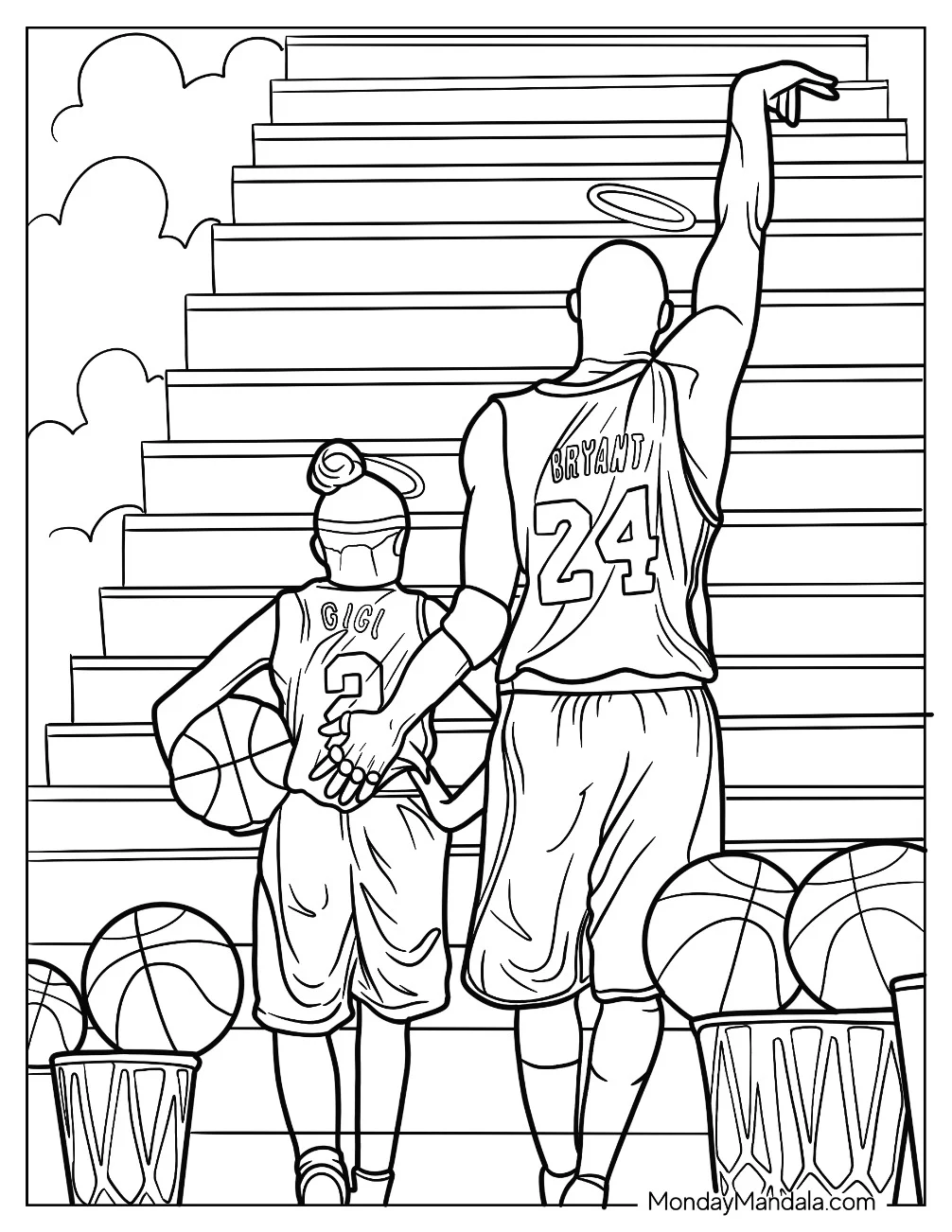 Kobe Bryant Coloring Page With Gianna Walking Up Stairway To Heaven With Halos coloring page