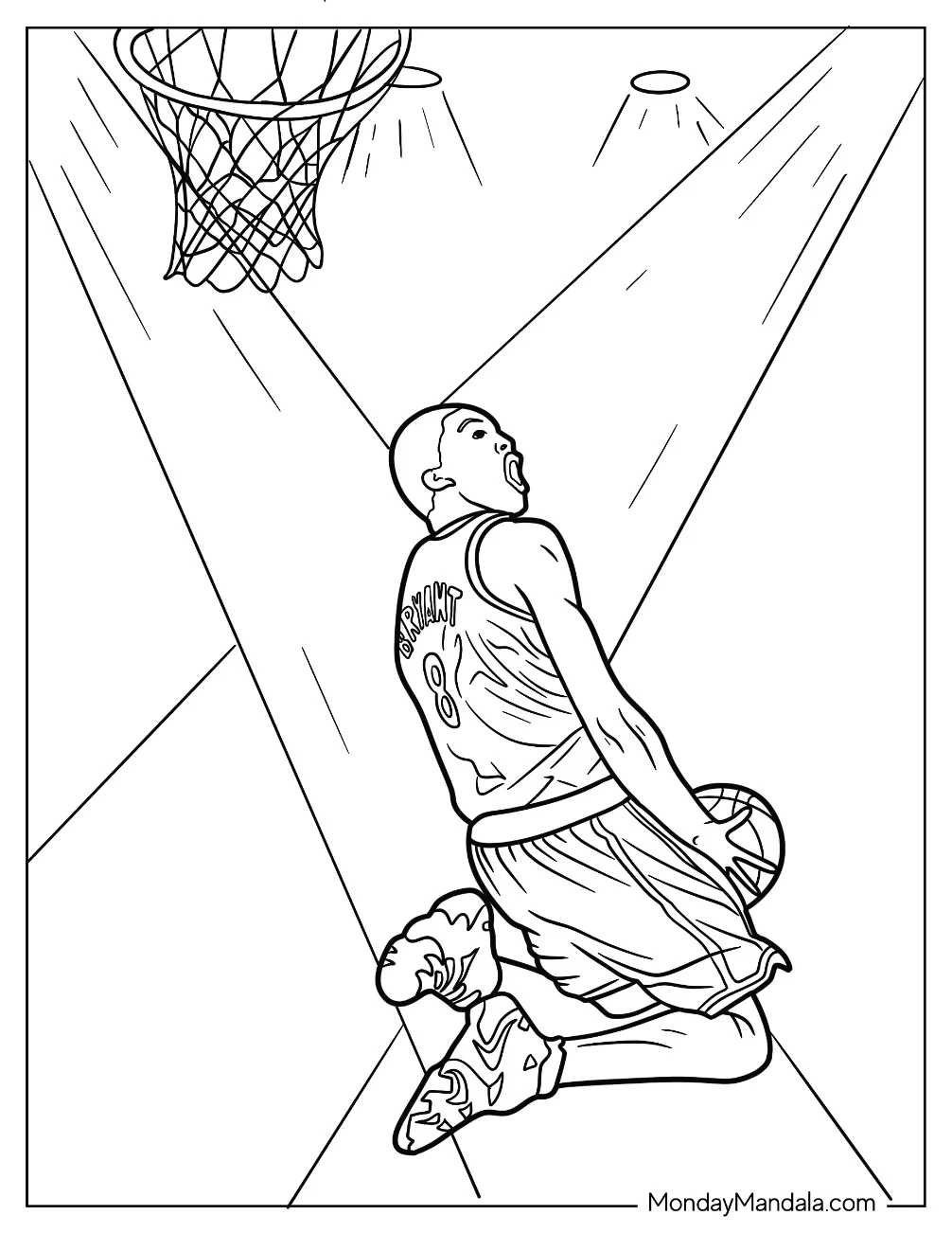 Kobe Bryant Coloring Page With Spotlight In Basketball Court coloring page