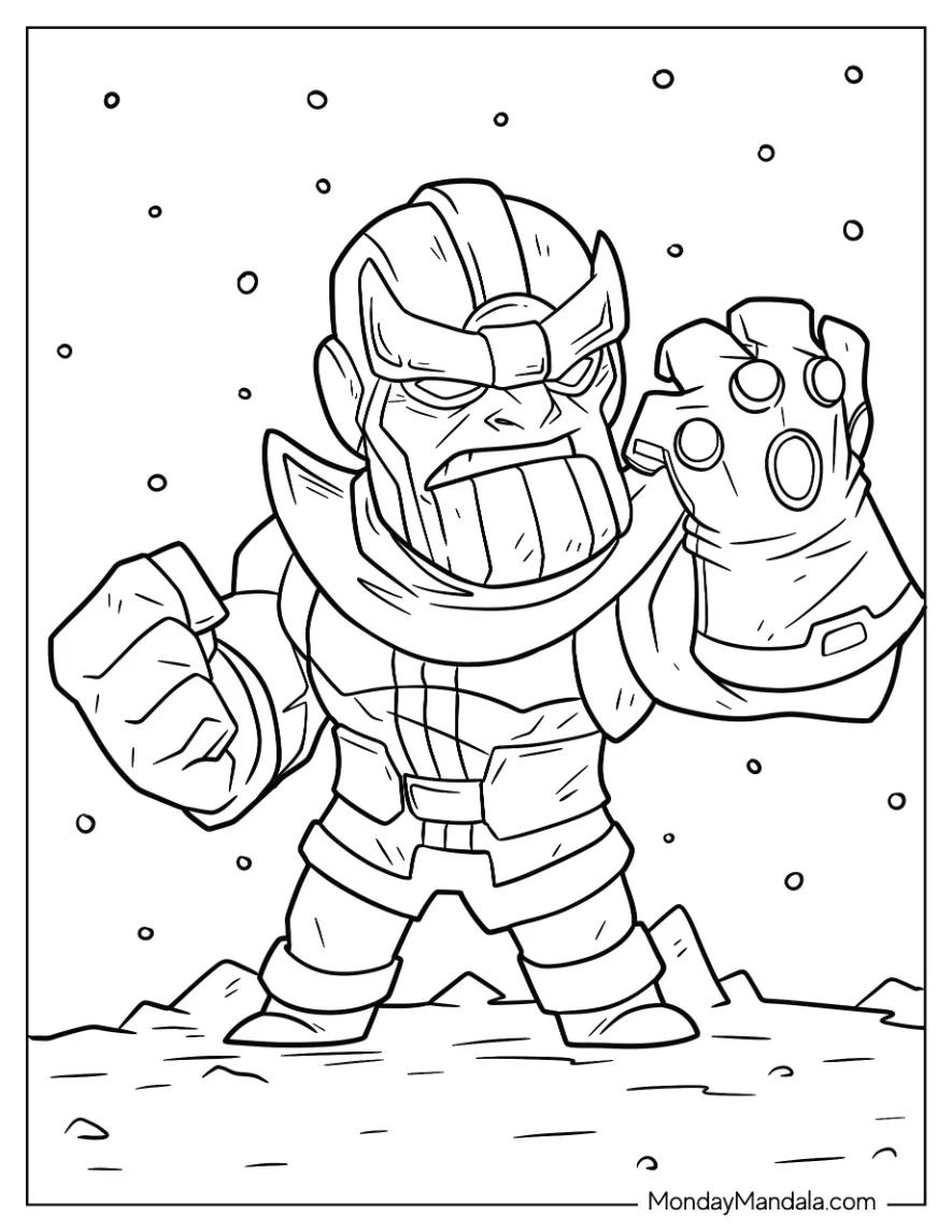 Chibi Thanos Coloring Page Wearing Infinity Gauntlet In Space For Kids coloring page