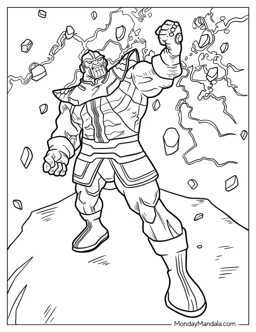 Detailed Thanos Coloring Page Using Infinity Gauntlet coloring page — printable line art