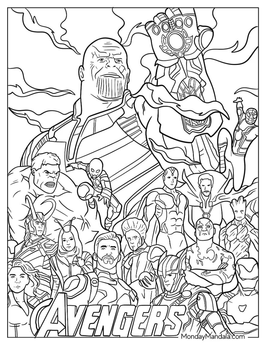 Marvel Avengers With Thanos Coloring Page Holding Gauntlet coloring page